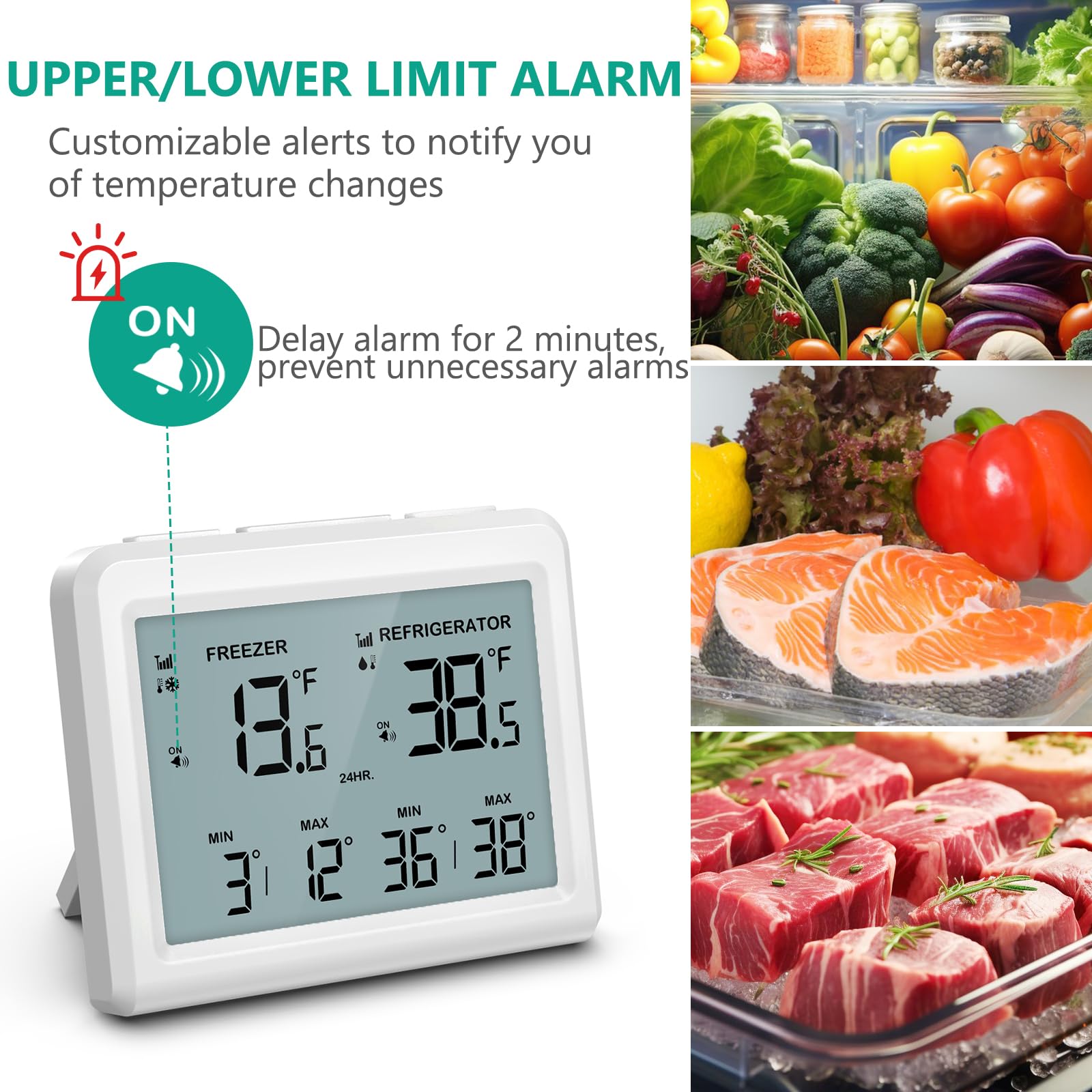 ORIA Thermomètre de Réfrigérateur et Congélateur Numérique - 2 Capteurs Sans Fil, Alarme, Écran LCD, ℃/℉, Min/Max, 2 Options de Montage pour Maison