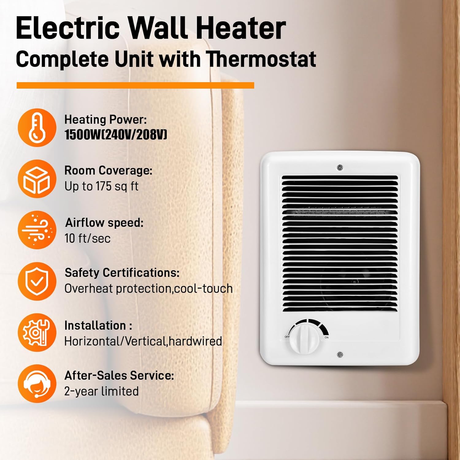 New Upgrade CSC152TW Electric Wall Heater - Fast & Efficient Heating with Built-in Thermostat, 1500W/240V, 5120 BTU, Complete Unit, White (240, Volts)