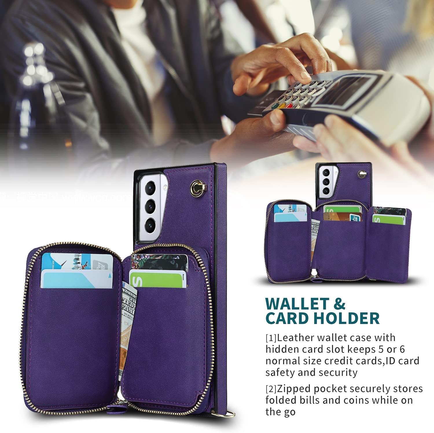 Asuwish Phone Case for Samsung Galaxy S21 Plus S21+ 5G Wallet Cover with Tempered Glass Screen Protector and Zipper Card Holder Slot Stand Leather S21+5G S21plus 21S + S 21 21+ G5 Women Men Purple