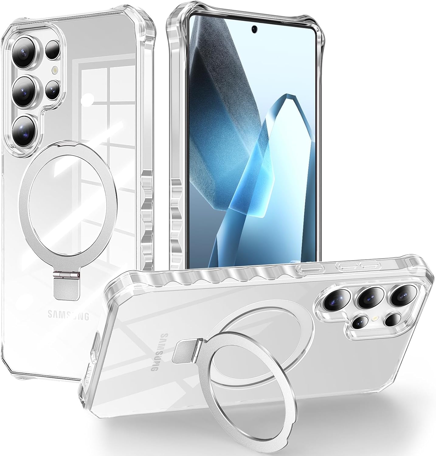 for Galaxy S25 Ultra Case, with Magnetic Ring Stand [Curly Edge] [Wireless Charging] [Reinforced Corners] Slim Fit Shockproof Protective Phone Case - Clear