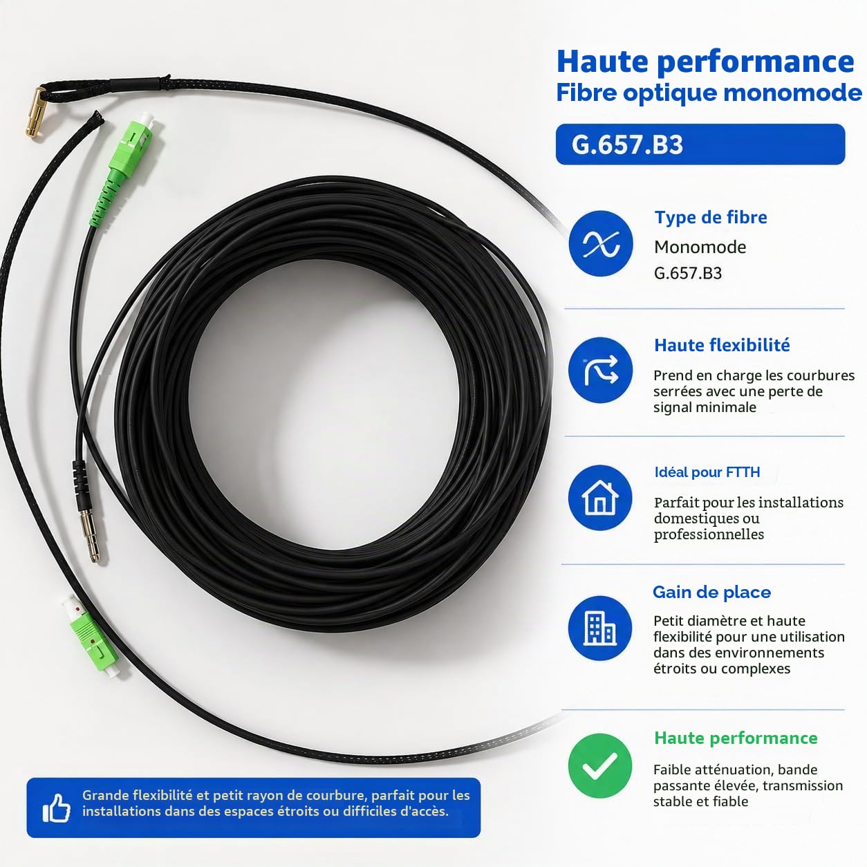 Elfcam - 100m Câble Fibre Optique Monomode G.657.B3 SC/APC,Très Souple avec Œillet de Traction pour Passage Mural ou Conduit – Intérieur/Extérieur – Compatible Orange Livebox,SFR Box,Bouygues Bbox