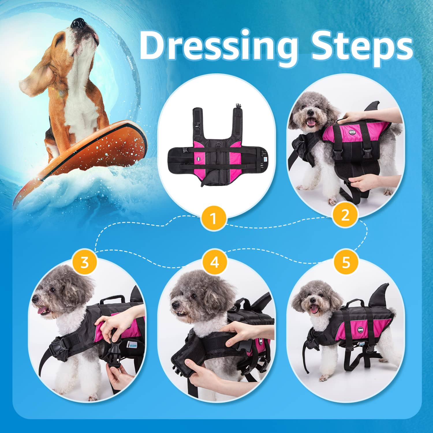 Nobleza - Chaleco Salvavidas para Perros con Aleta De TiburóN, Flotador Perro con Tiras Reflectantes, Chaleco de Natación para Perro con Asa y Alta Flotabilidad para Nadar, Surf, Navegar, Rosa(L)