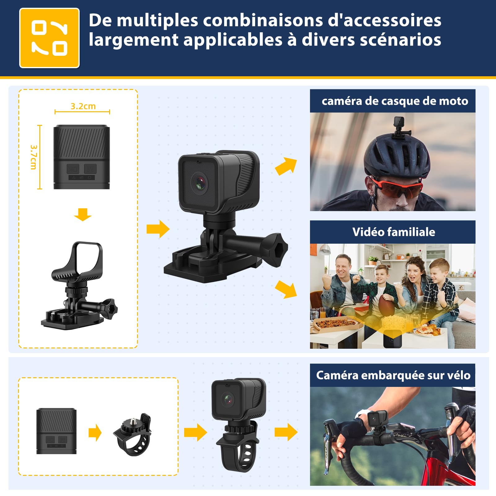 AIKER Dashcam Moto,Version Améliorée WiFi Camera Sport Étanchéité Ip66,1080phd&120°Grand Angle Camera Moto,Calibrage Automatique du Niveau Cameras Casque Velo,Connexion Pratique Large Application