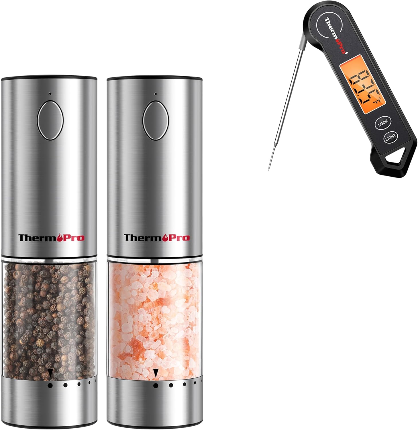 ThermoPro TP19H Digital Meat Thermometer for Cooking with Ambidextrous Backli, Plus ThermoPro Upgraded Larger Capacity Electric Salt and Pepper Grinder Set, Rechargeable