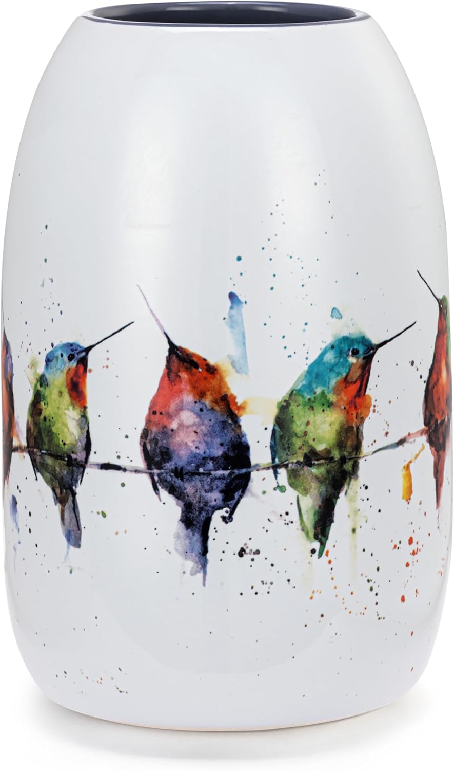 DEMDACO Dean Crouser Collection Watercolor Hummers On A Wire Colorful 7 x 4.5 Stoneware Decorative Bud Floral Flower Vase Container Vessel