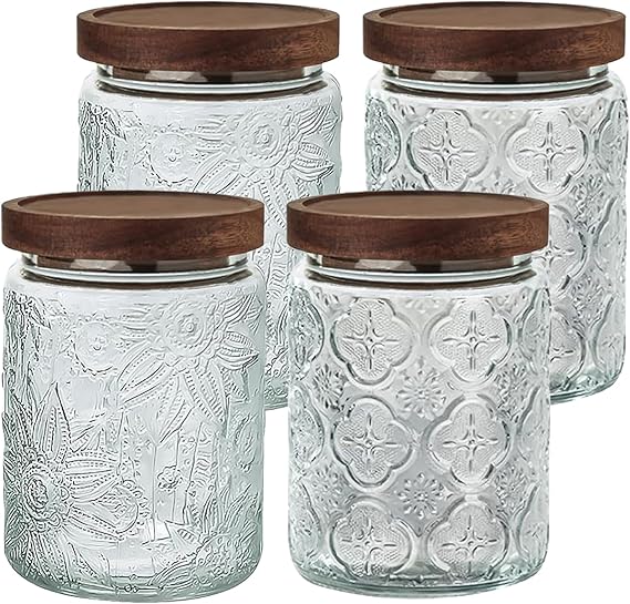 24 OZ Airtight Glass Storage Jar with Bamboo Lid - Vintage Glass Jar Vintage Food Containers Canisters Set for Kitchen Counter & Pantry - Ideal for Sugar, Flour, Coffee, Tea, Candy, Oats -4 Pack