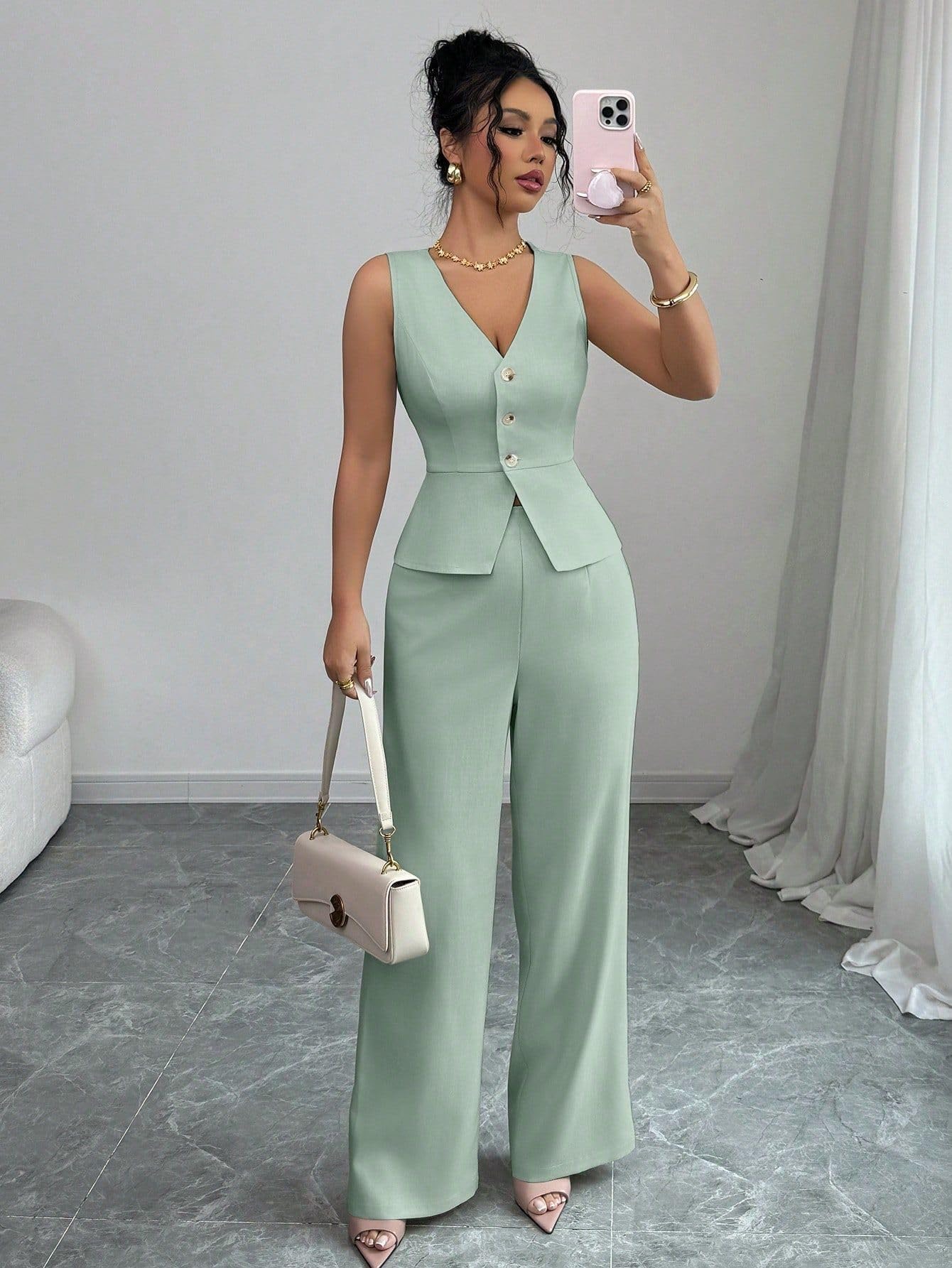 Ensemble Ete Femme Ensemble Deux Pièces Pour Femme : Blazer À Col V Boutonné Sans Manches Et Pantalon Large Élégant Et Décontracté Idéal Pour Le Bureau Ou Les Occasions Professionnelles