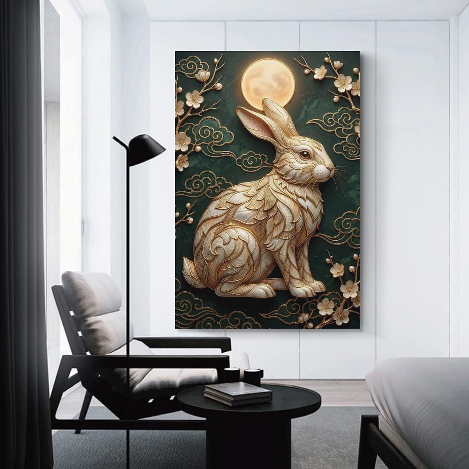 Junmoney Decorative Wall Artwork Golden Rabbit Under The Moon, 12x18inch(30x45cm), for Lounge, Bedroom Or Personal Spaces, Gift Idea for Housewarming And Birthdays