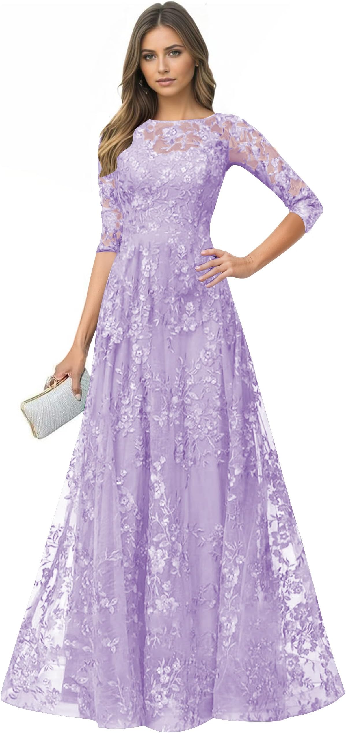 Lace Mother of The Bride Dresses 3/4 Sleeve Sequin Scoop Neck A Line Formal Evening Gowns
