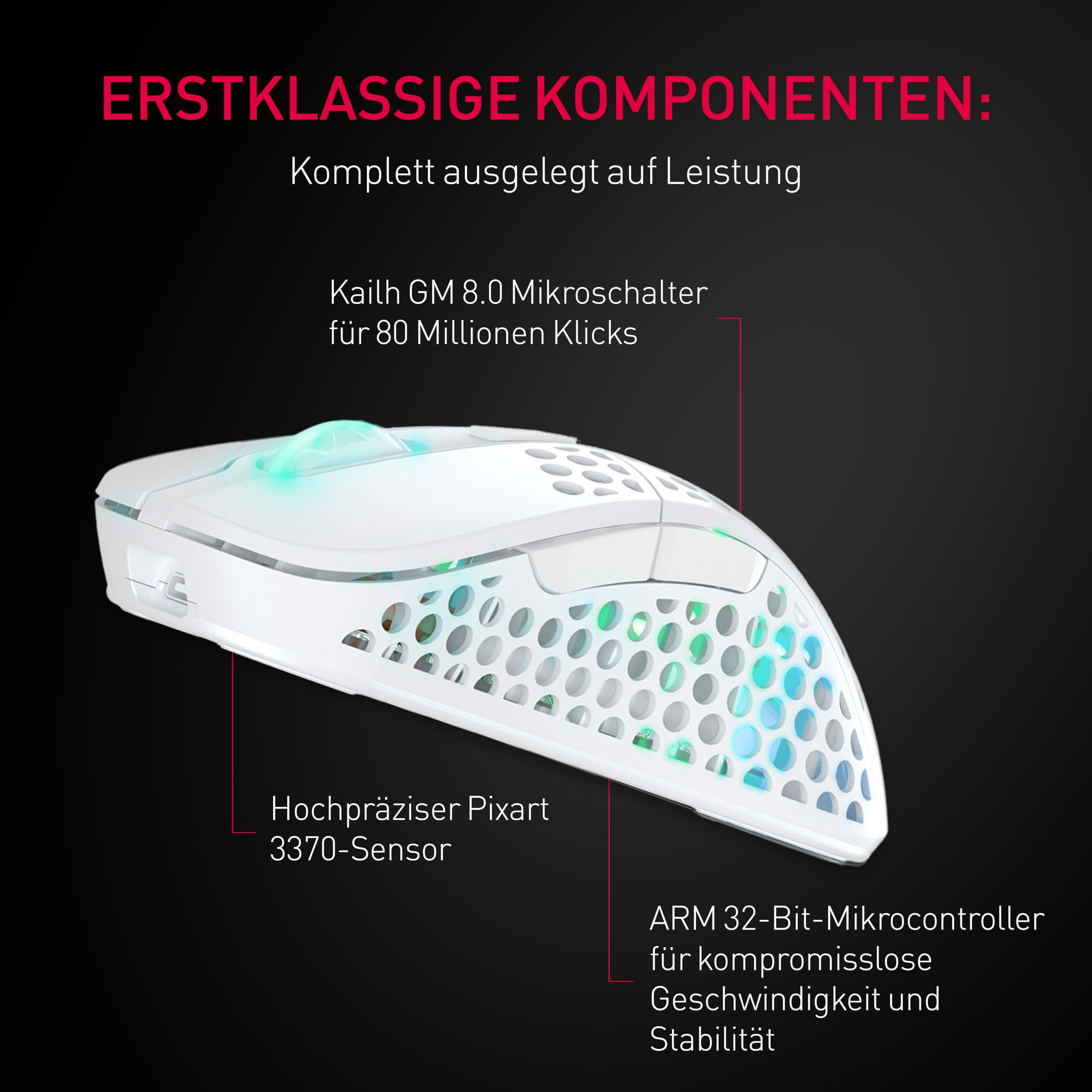 Xtrfy M4 Kabellose ultraleichte Gaming-Maus, RGB, verstellbare Form, 2,4 GHz, verzögerungsfrei, kabellos, 75 Stunden Akkulaufzeit, Weiß, M4W-RGB-White