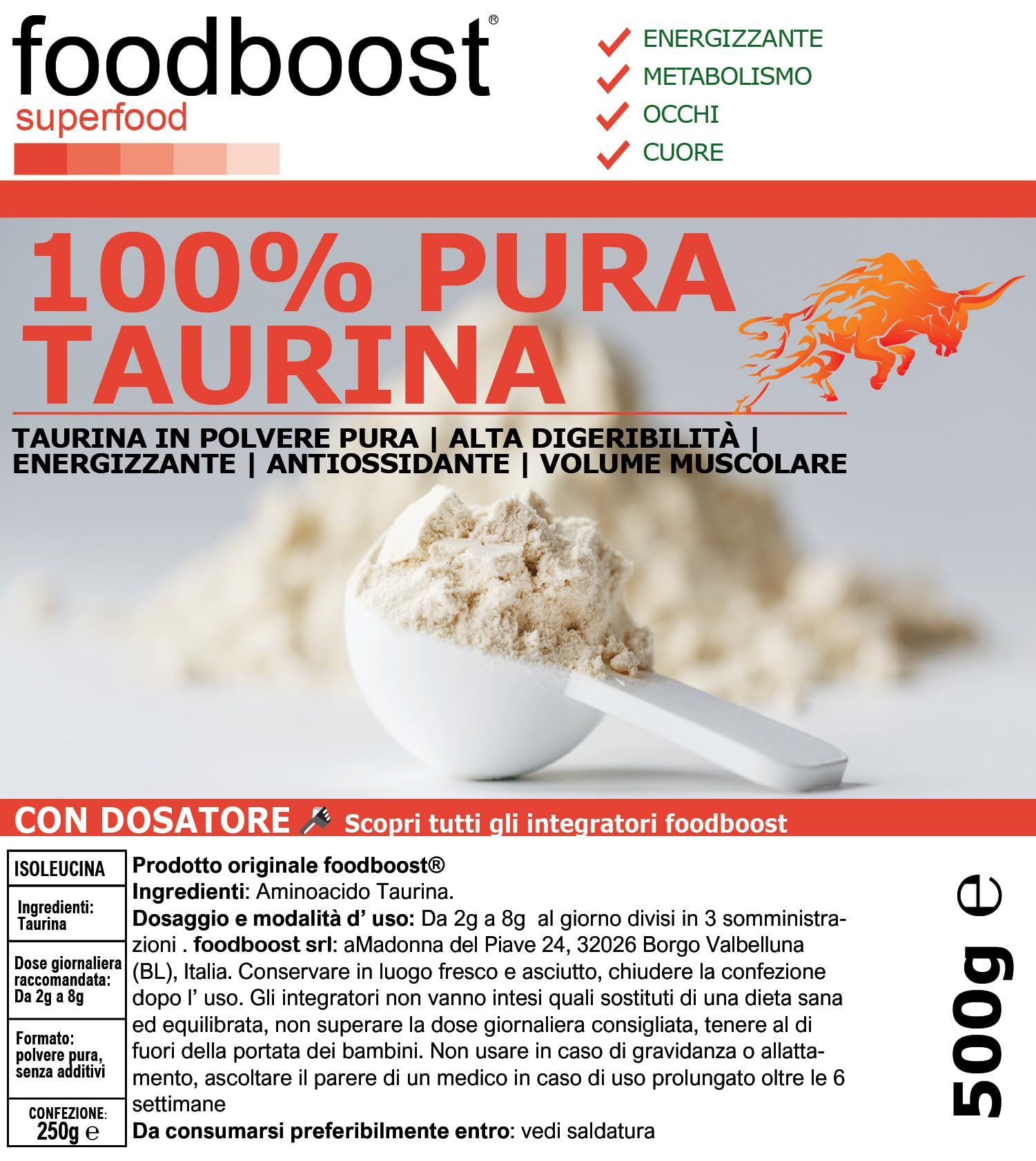 Taurina pura in polvere 500 g foodboost - Ø additivi, dosatore - ipertrofia muscolare - libido - vista, marchio di fiducia italiano, integratore taurina pre workout/post workout - 500 DOSI