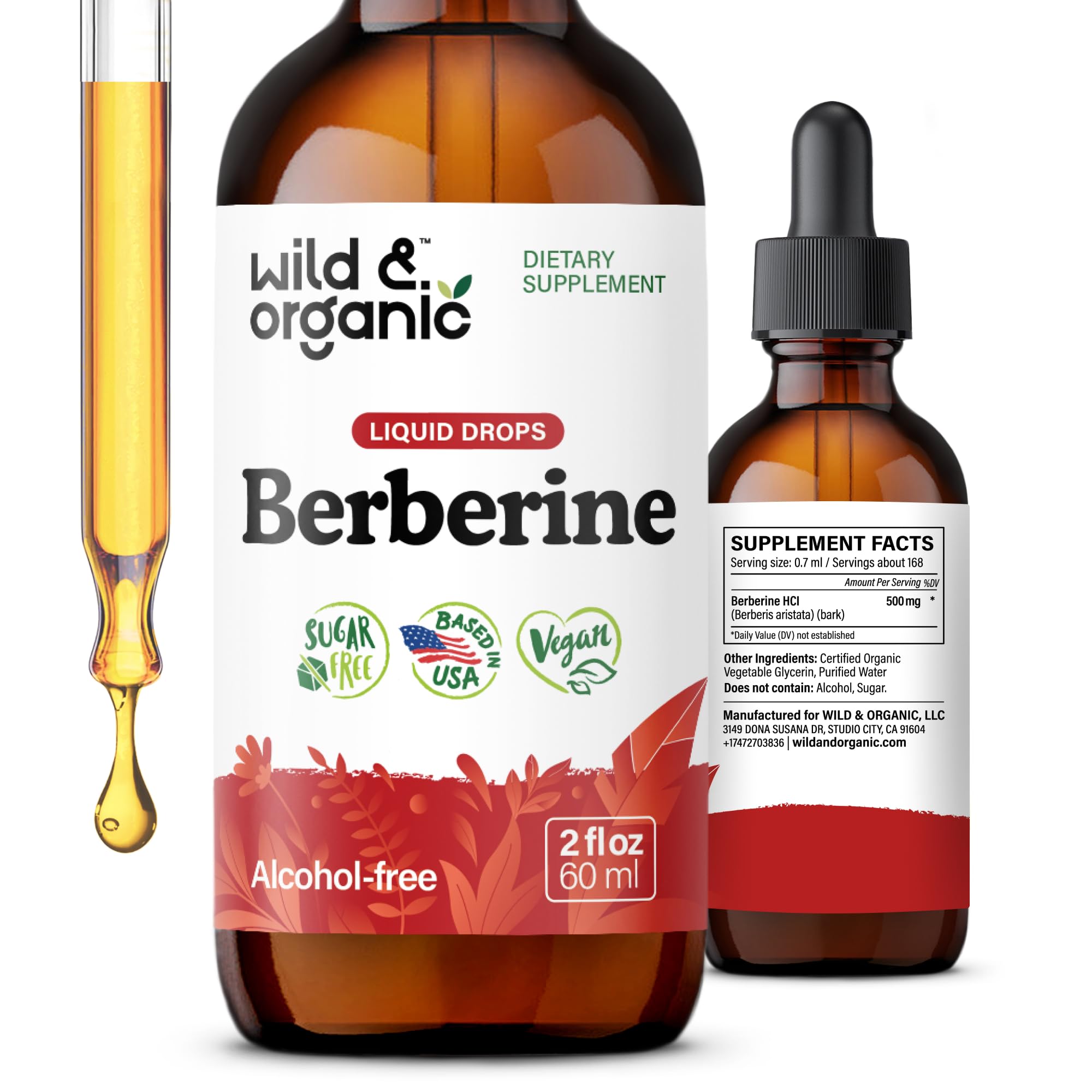 Wild & Organic Berberine Liquid Drops - 500mg Berberine Supplement HCL for Overall Support - Natural Extract Tincture - Vegan, Alcohol & Sugar-Free - 2 fl oz