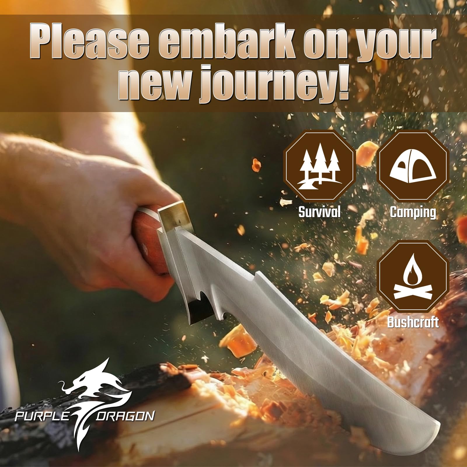 Purple Dragon Outdoor Survival Messer, Full Tang Scharfe Machete mit Holzgriff & Lederscheide, Vielseitiges Camping-Überlebenswerkzeug für Bushcraft & Wandern Geschenk für Männer