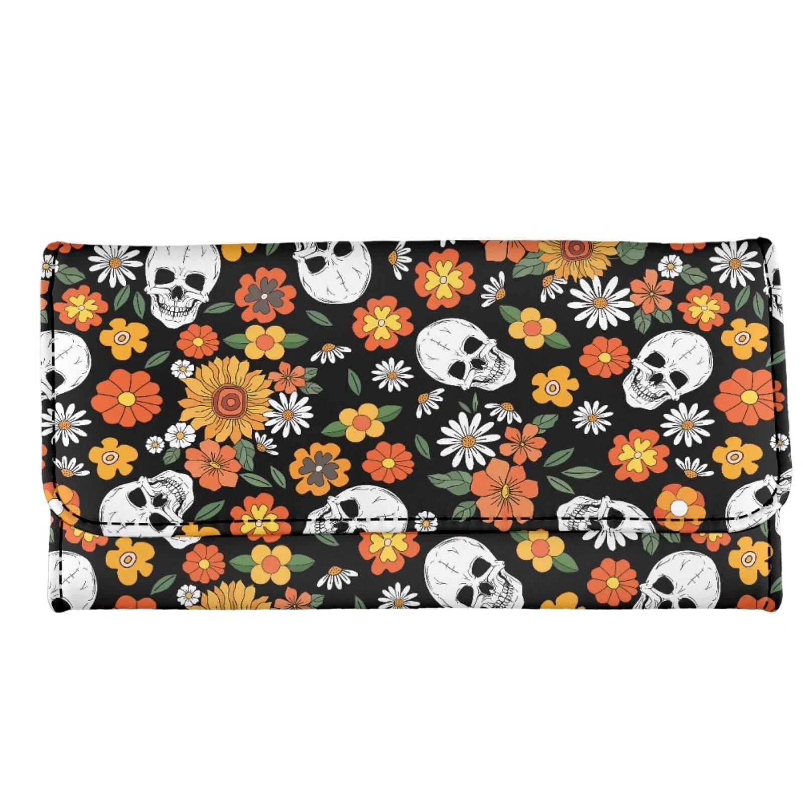 Howilath Gothic Skull Floral Print Women's Perfect Carry-All Money Manager Wallet Organizer, Women Slim Designer Trifold Wallet Long Purse