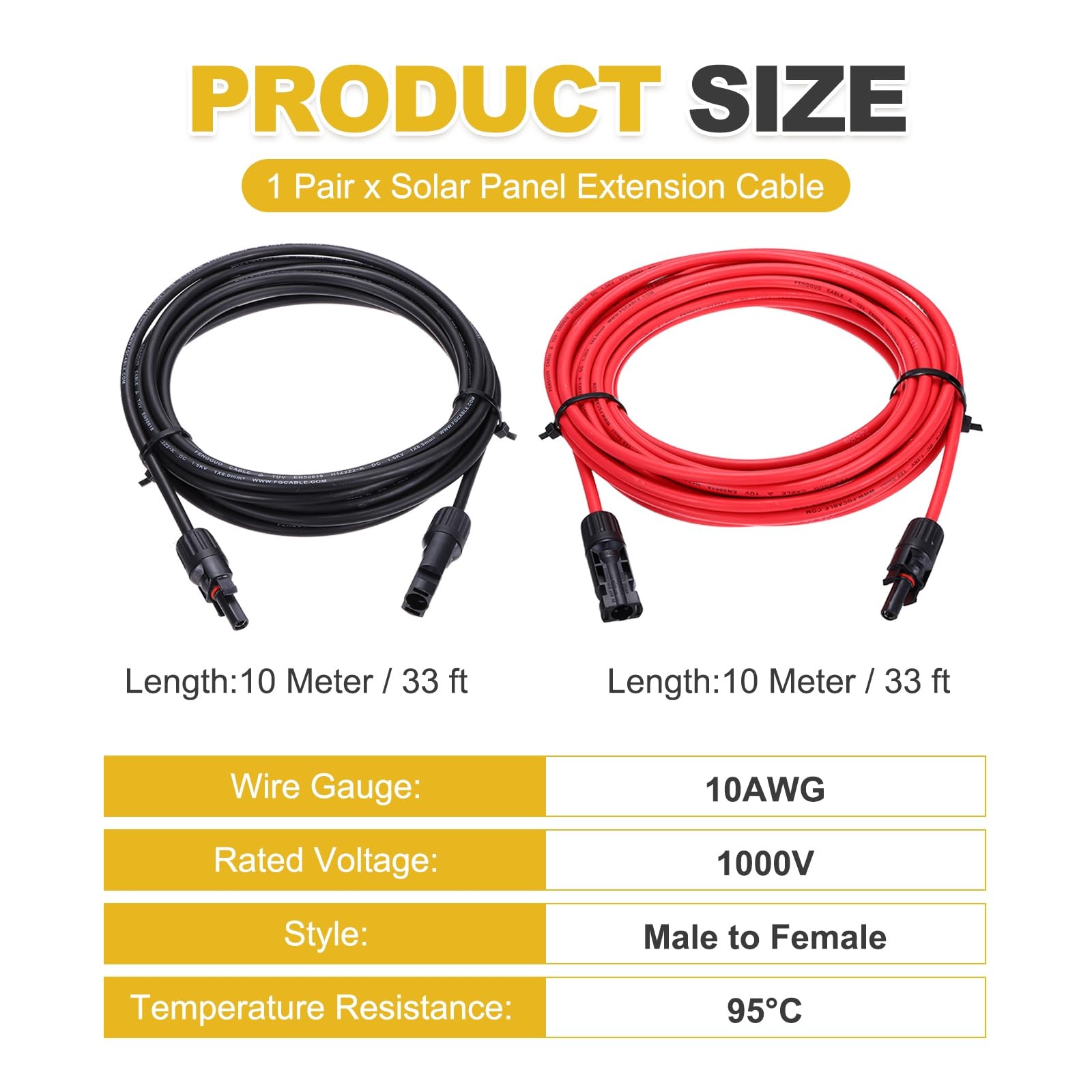 QUARKZMAN 1 Coppia Cavo Di Estensione Pannello Solare, 10AWG 1000V Maschio A Femmina Cavo Di Estensione Solare Impermeabile, Cavo Pannello, Nero&Rosso 33ft