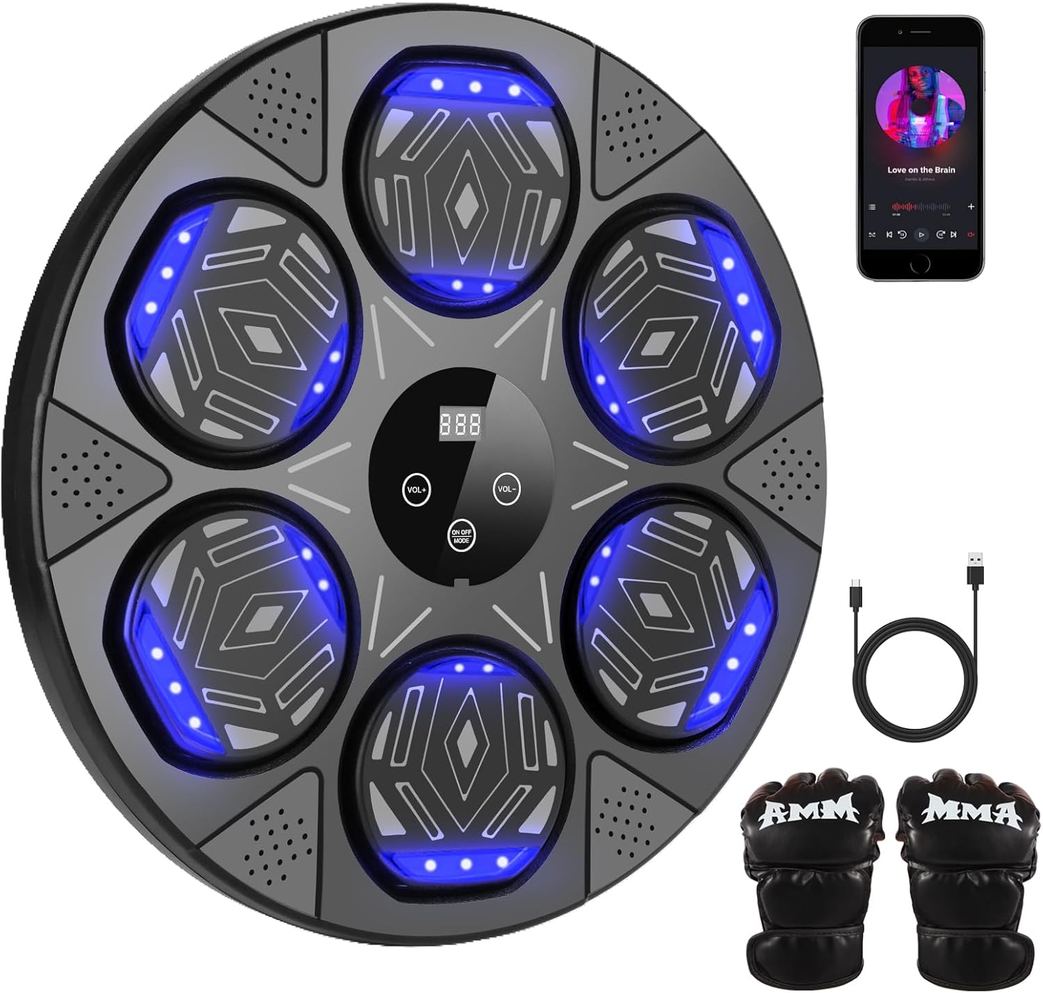 music boxing machine, smart bluetooth boxing equipmen with gloves, boxing machine wall mounted music for kids adult, boxing target workout equipment for home, office, gym (black)