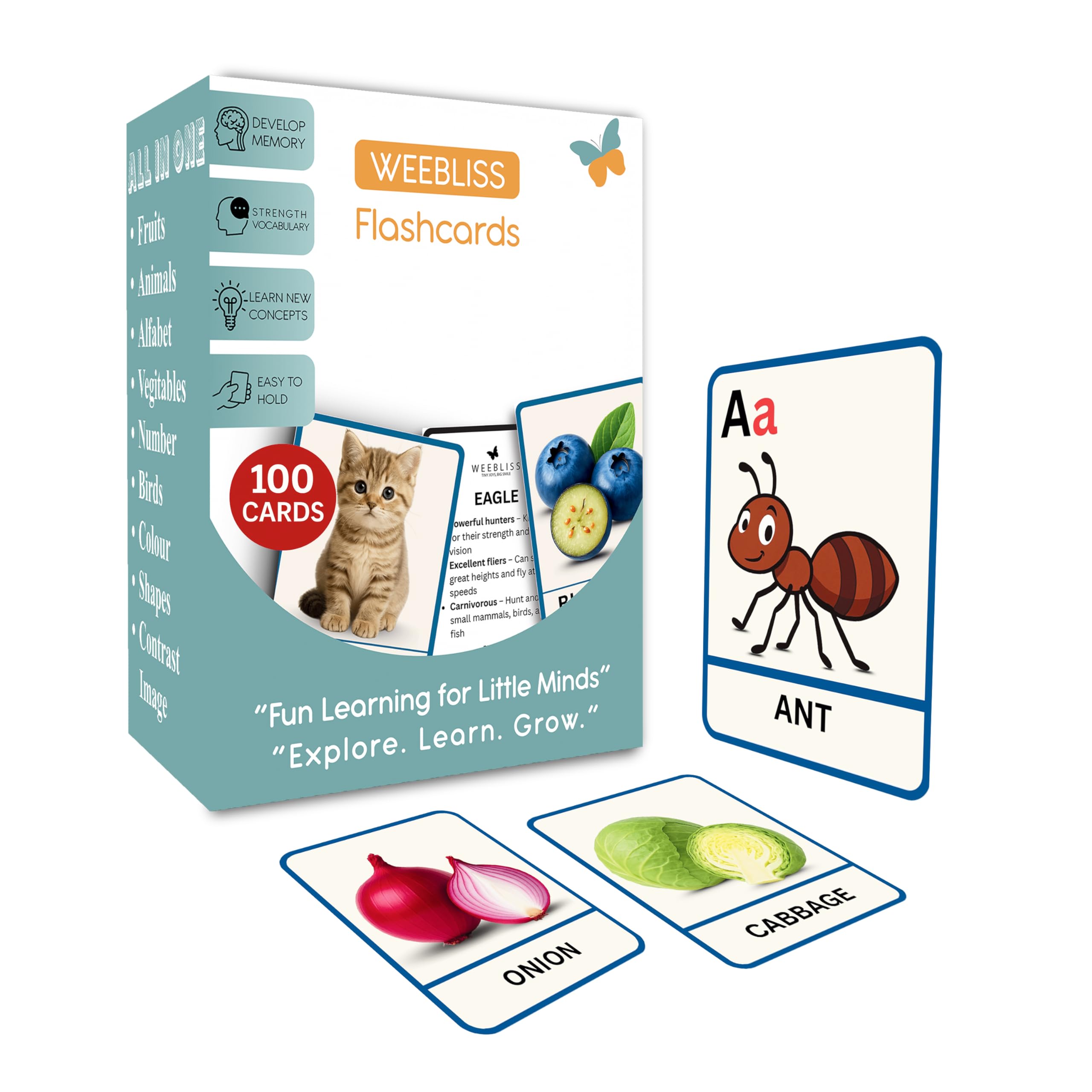 Weebliss Flash Cards for Kids – 100 Baby Learning Cards for Newborn, 6 Month, 1 2 3 Year Old Toddlers | Educational Early Learning Montessori Flashcards – ABC, Numbers, Fruits, Animals, Birds-image-23