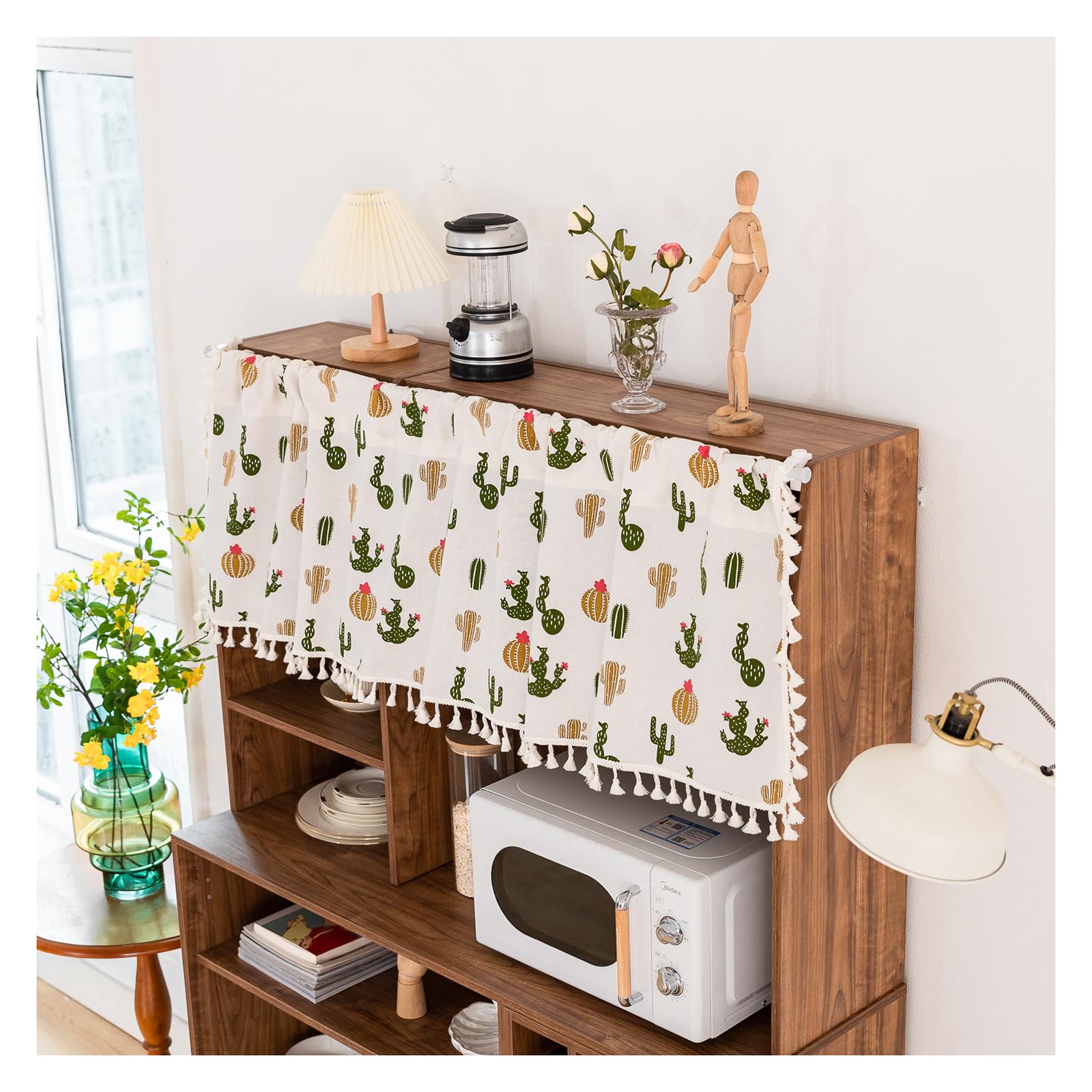 KSTORE Cactus Short Curtains Printed with Tassels Cafe Curtain Rod Pocket Kitchen Curtain for Bedroom Living Room Cabinet Curtains,W100cm x H50cm/ 39 x 19 inch
