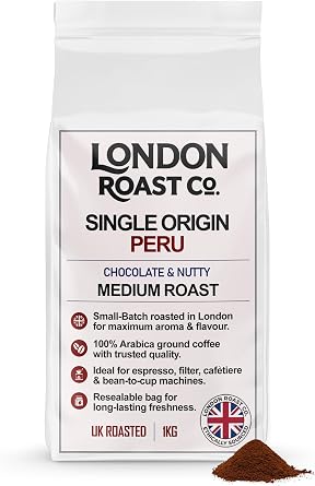 London Roast Co. Single Origin Peru Ground Coffee 1kg   Medium Roast 100% Arabica Coffee   Smooth Chocolate & Nutty Notes   Small Batch London Roasted   Ideal for Cafeti re, Filter & Espresso