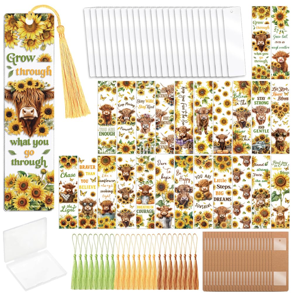 peacoblue 121pcs Highland Cattle and Sunflower UV DTF Bookmark Making Kit Acrylic Carft for Women Men Adult, DIY Cute Bookmarker Decal Stickers Warps Kit for Students Teachers Book Lovers Reading โ image 1