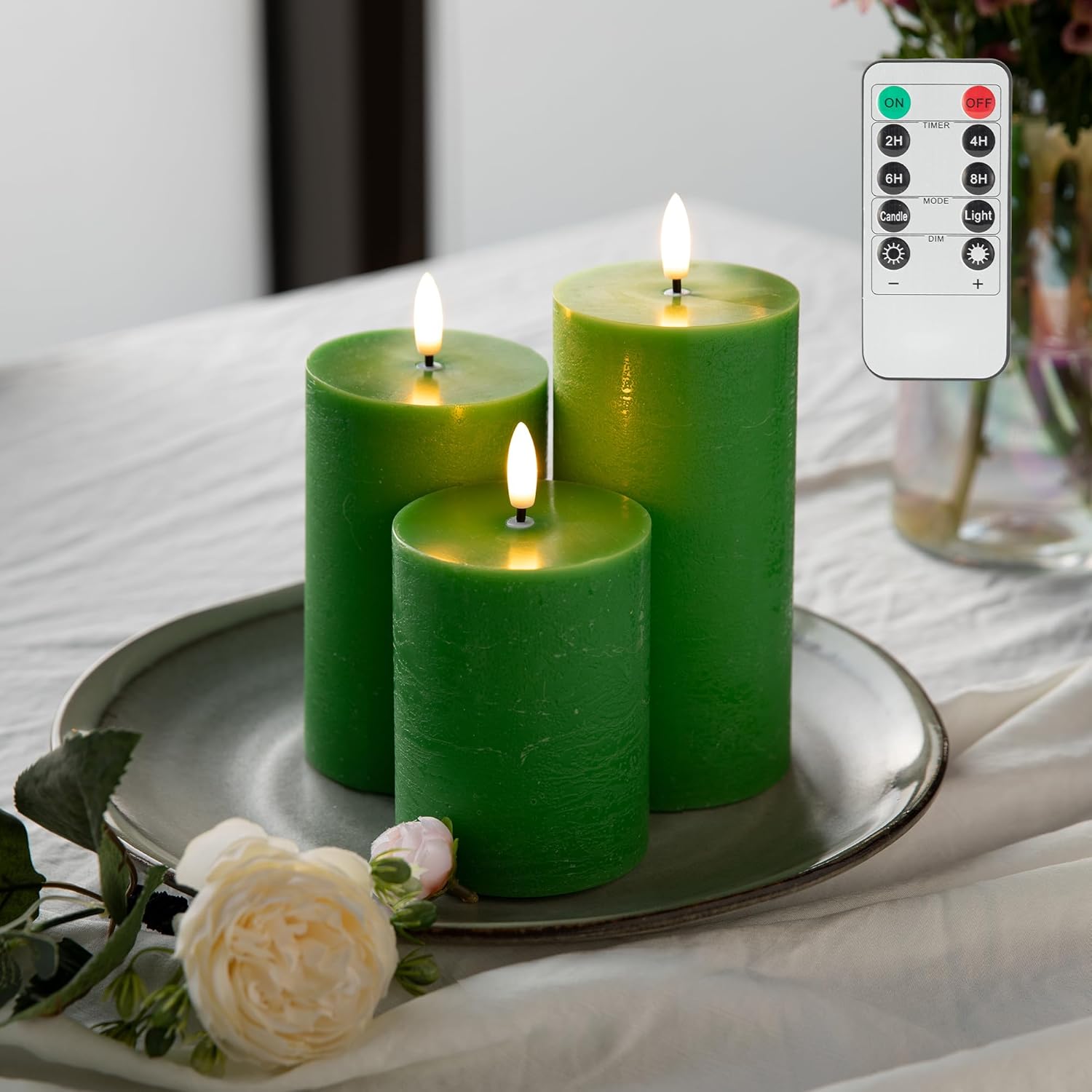 LUSHARBOR LUSHABOR Green Flameless Candles, Battery Operated Candles for St. Patrick’s Day, Real Wax LED Fake Candles for Spring Decor Party Centerpiece Green Set of 3