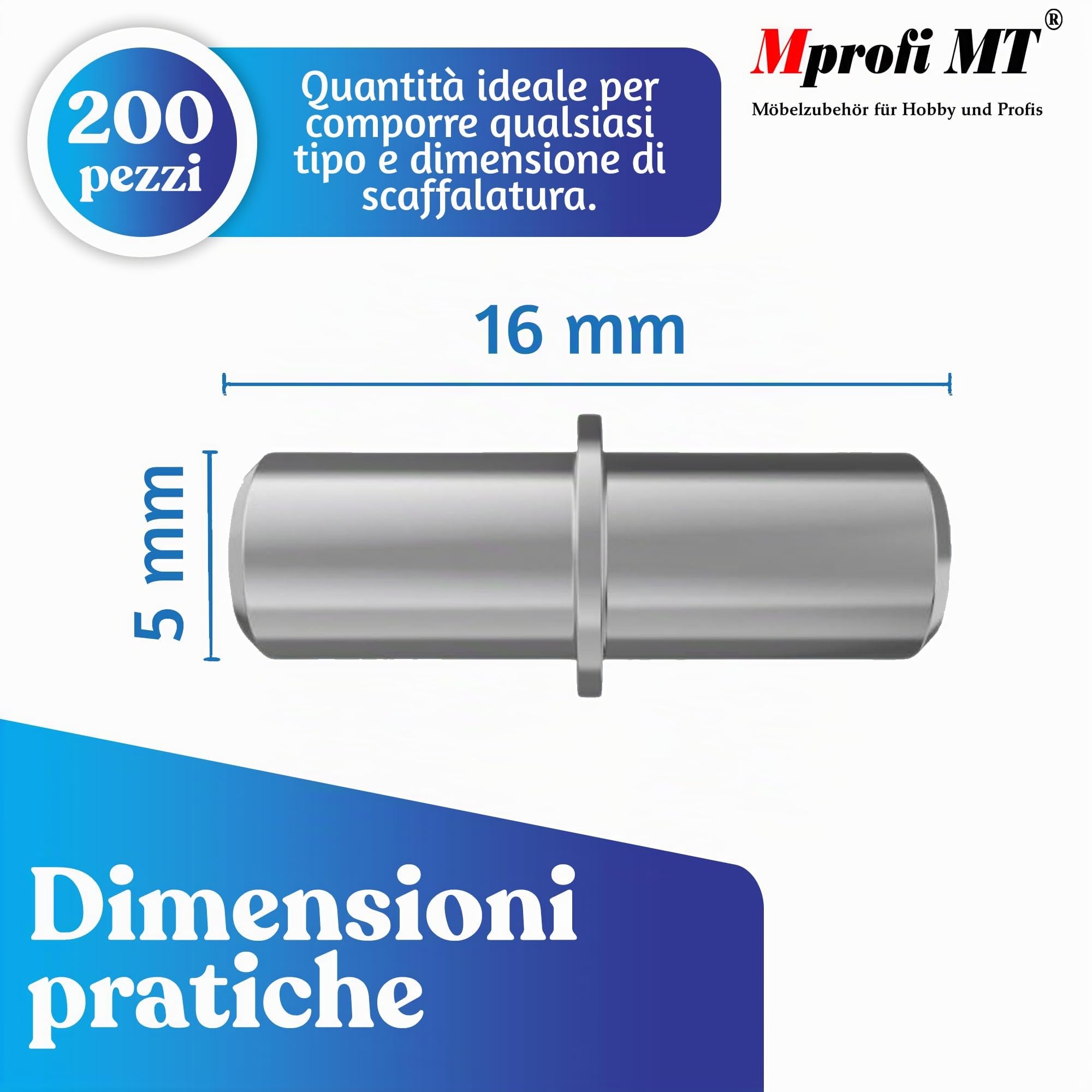 Mprofi MT® 200 Pezzi | Perni di Supporto per Ripiani Ø5mm | Reggimensola con Anello in Acciaio Zincato per Armadi, Mobili e Scaffali | Supporti per Mensole e Ripiani in Legno