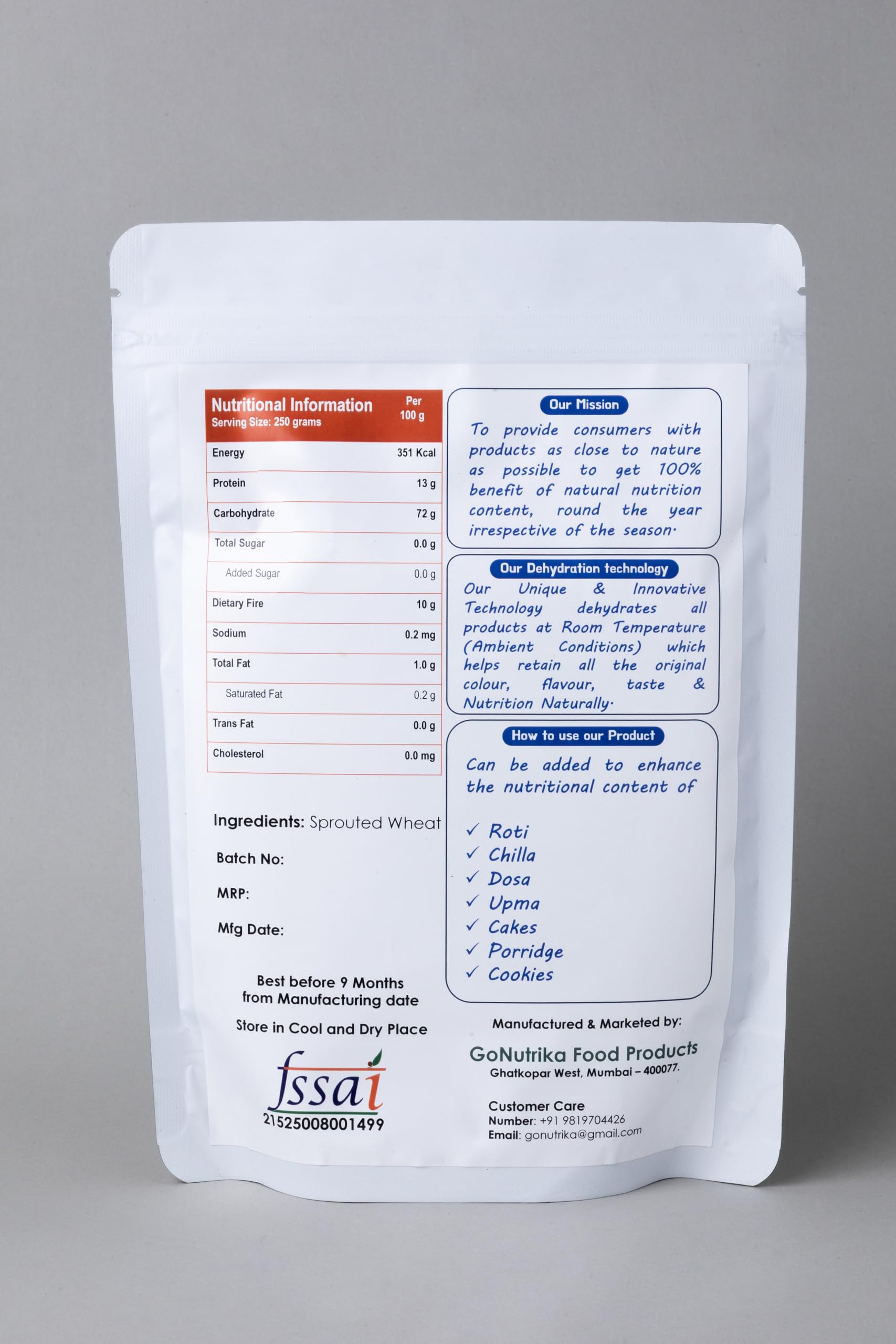 GoNutrika Sprouted Wheat Flour, 250 g, Rich in Protein and Fibre, Low Glycemic Index, 100% Natural, No Added Sugar 1