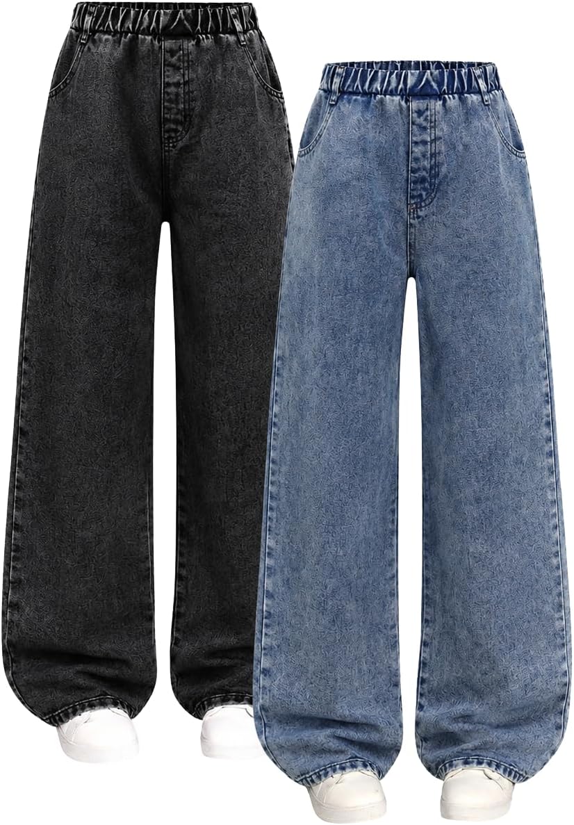 Girls 2 Pack Jeans Wide Leg High Waist Denim Pants with Elastic Waist, Loose Fit Jeans for School Size 7-16