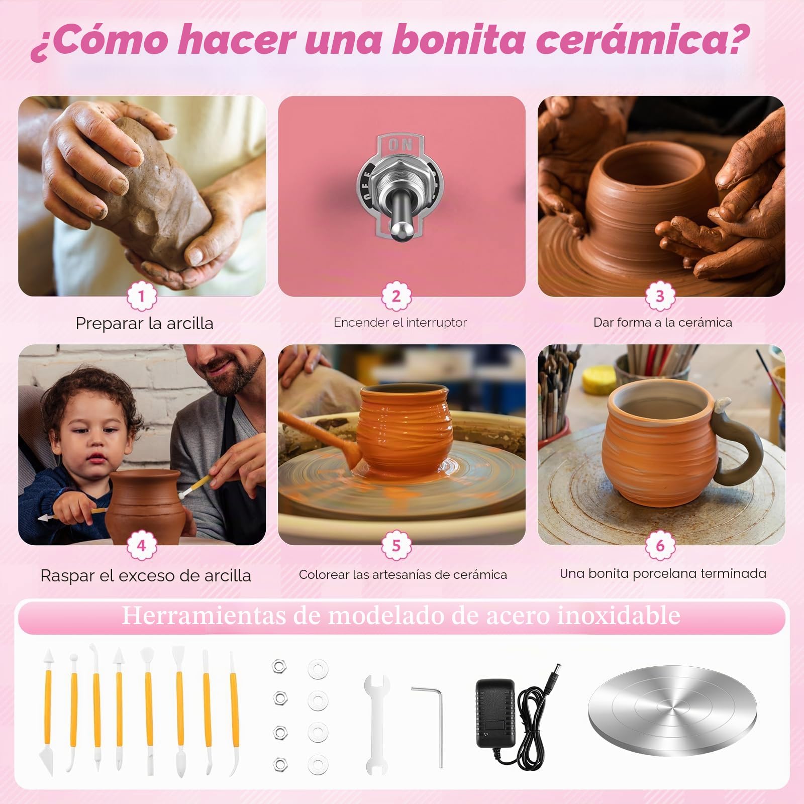 Mini Rueda de Cerámica, 2000RPM Máquina Eléctrica de Cerámica con Lavabo Extraíble de ABS y Placas de 10/6,5 cm y para cerámica de Arcilla, Kit Ceramica para Niños, Adultos Y Principiantes
