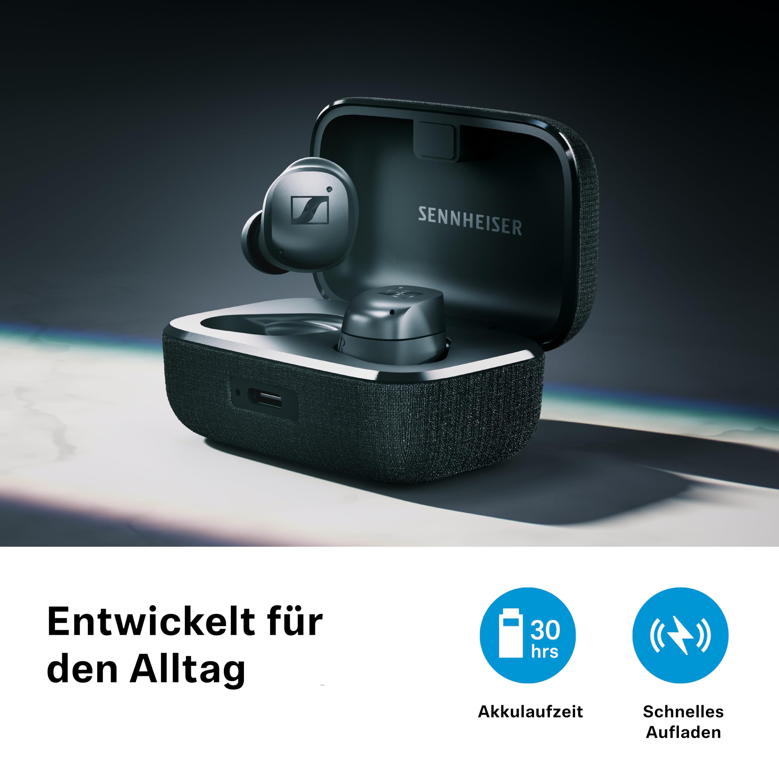 Sennheiser MOMENTUM True Wireless 4, kabellose Bluetooth Kopfhörer, Bluetooth 5.4, Noise Cancelling, komfortables Design, 30 Stunden Akkulaufzeit, adaptives ANC, Auracast, Schwarz Graphite