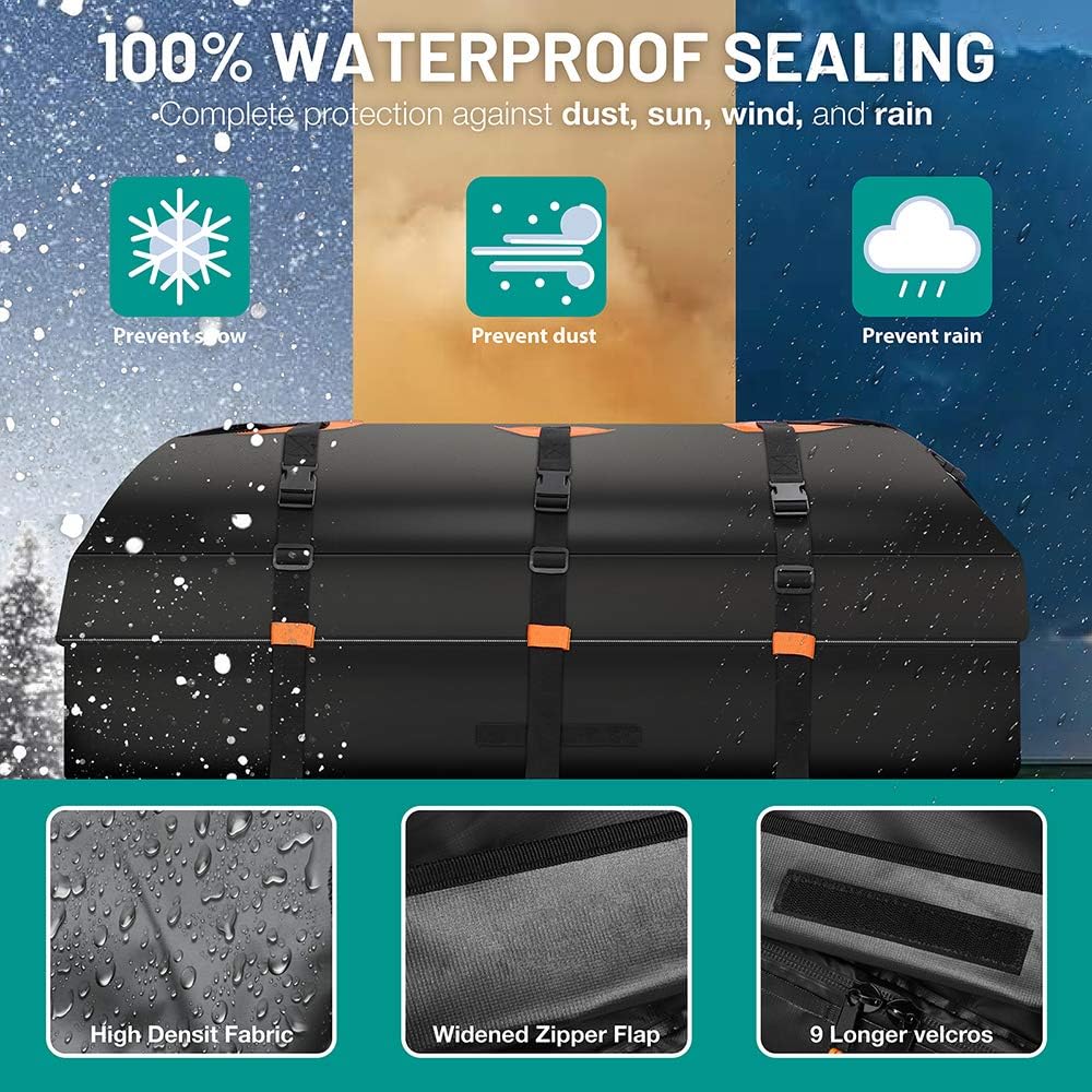 Smashier Car Rooftop-Cargo-Carrier Bag - 16 Cubic Feet Roof-Bag with 100% Waterproof Military Grade Nylon Cordura Fabric, Waterproof Zipper, Wider Straps, Night Reflective Strip & Anti-Slip Mat Incl. : Automotive