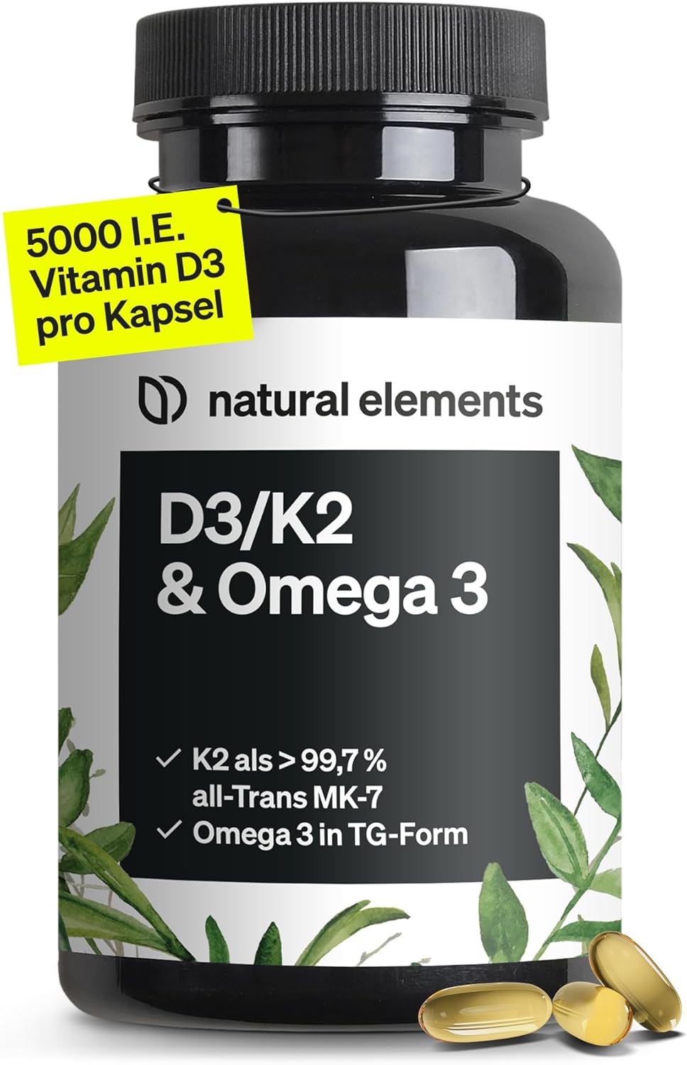 natural elements Vitamin D3 + K2 + Omega 3 – Premium K2VITAL® von Kappa 99,7+% All-Trans K2 – Premium Omega 3 in Triglycerid Form und bioverfügbares D3 – in Deutschland produziert & laborgeprüft