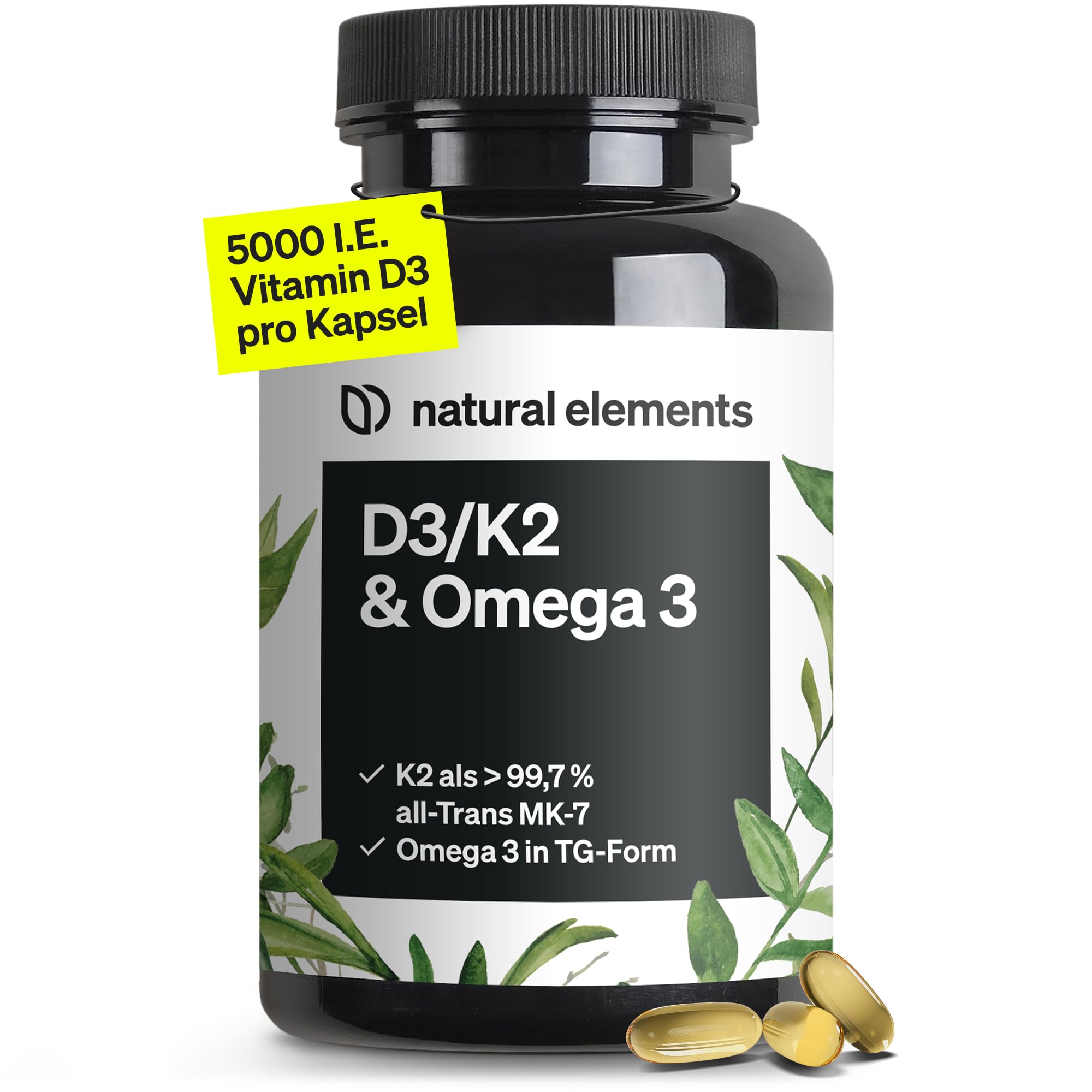 natural elements Vitamin D3 + K2 + Omega 3 – Premium K2VITAL® von Kappa 99,7+% All-Trans K2 – Premium Omega 3 in Triglycerid Form und bioverfügbares D3 – in Deutschland produziert & laborgeprüft