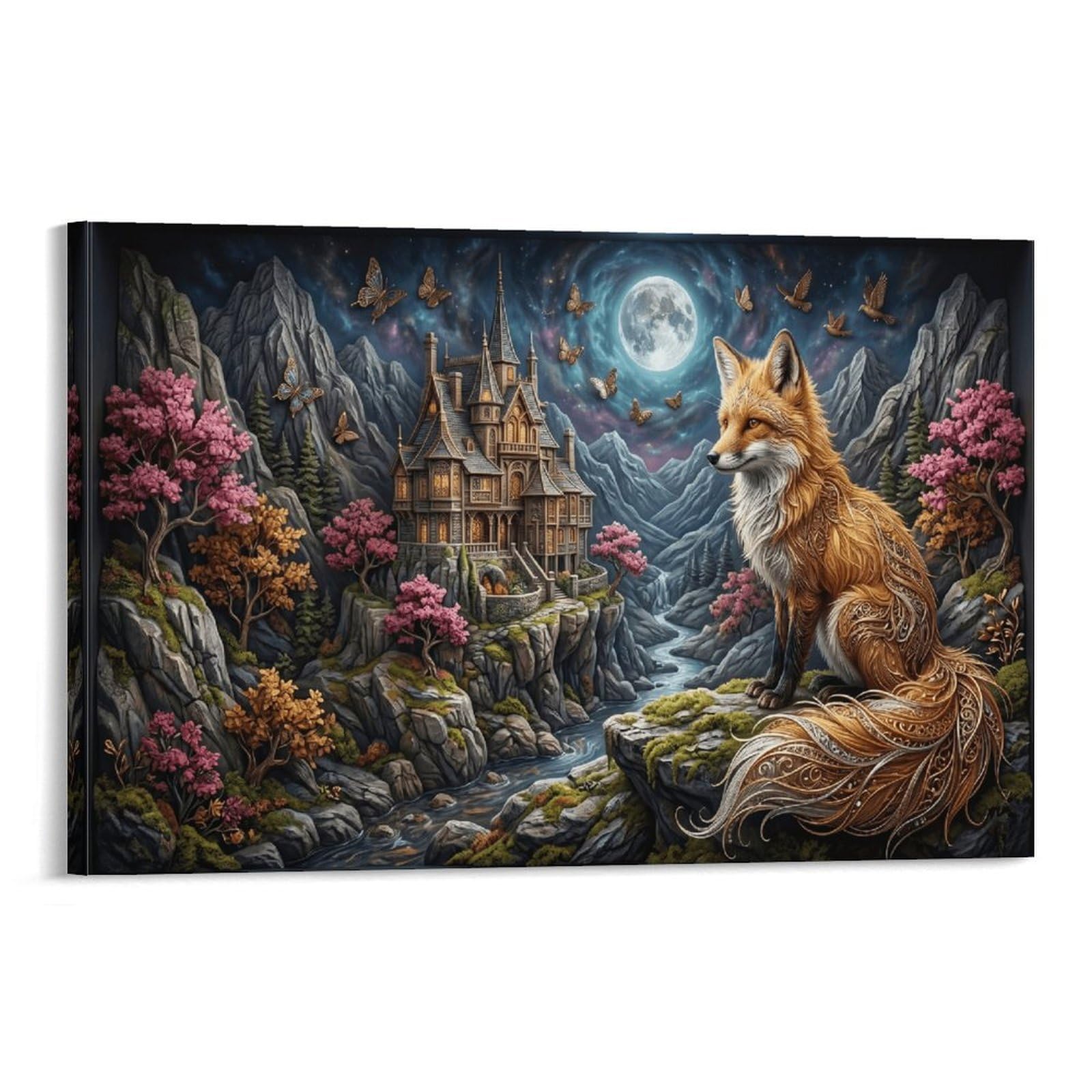 XPASHIQWC Fox Poster Artwork Full‑Moon Valley Canvas Prints Picture Modern Wall Art Picture Wall Hanging for Office Gym Living Room Decor 24x36inch(60x90cm)