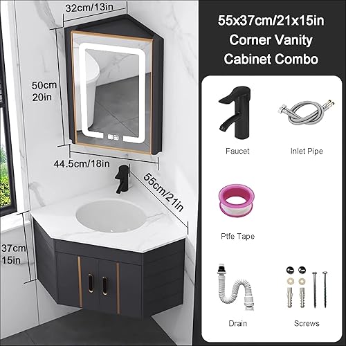 Miniatura 2 de Combo de lavabo de baño esquinero con armario de espejo de esquina, espejo LED antivaho para montaje en pared, juego de armario para espacio