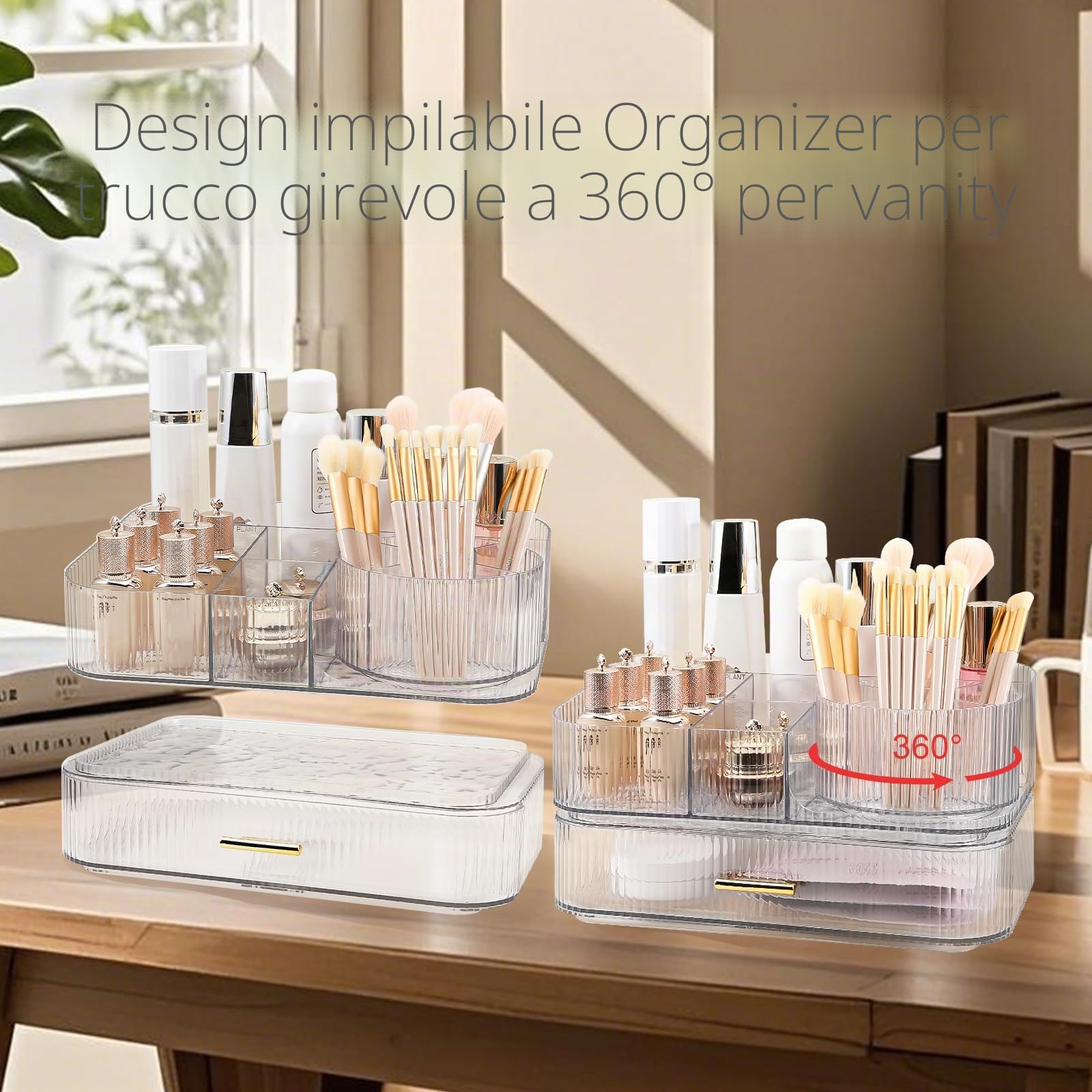 DASITON Organizer Trucchi con Cassetti, Porta Pennelli Make Up Girevole a 360°, Grande Capacità Make up Organizer per Cosmetici Impilabile, Porta Trucchi Organizer da Bagno e Toeletta (Trasparente 02)