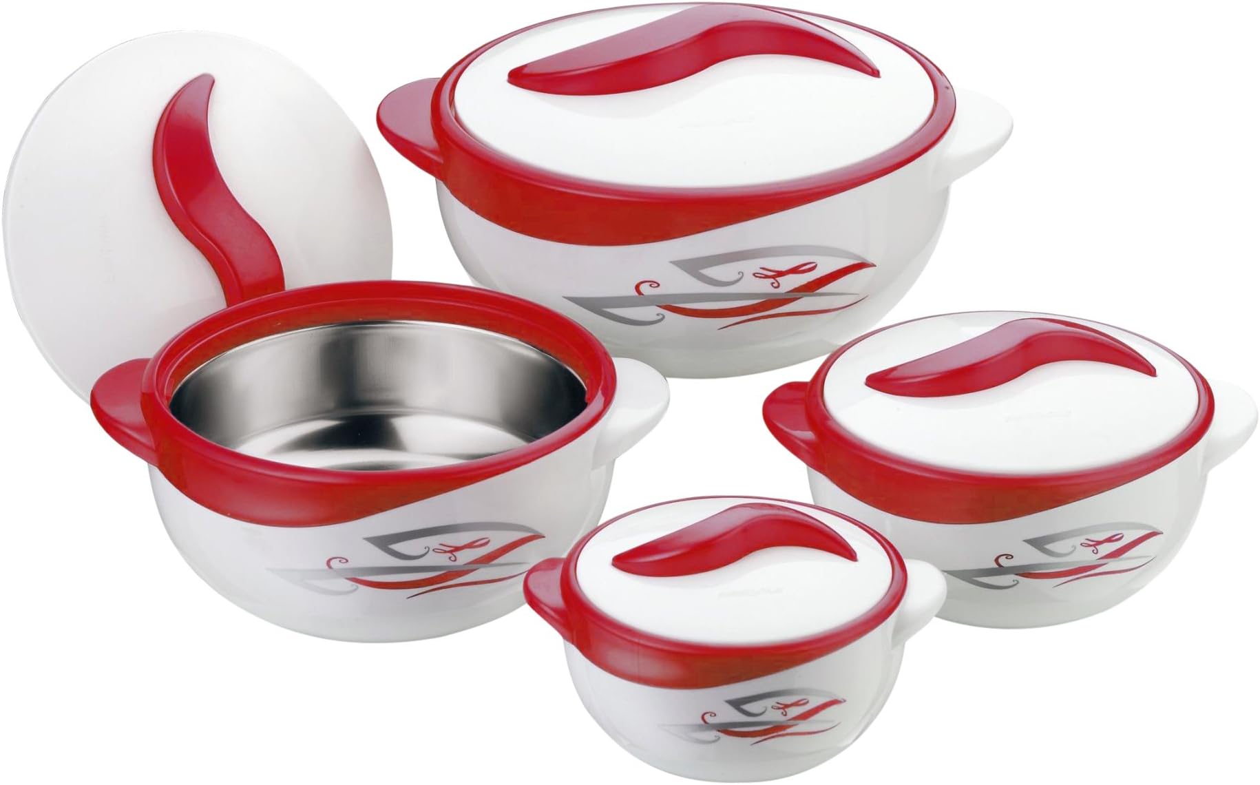PS- 1276 4pc Round Heat Insulated Food Storage Hot Pot Casserole Set, White/Red, 44 x 23.2 x 14.7 cm