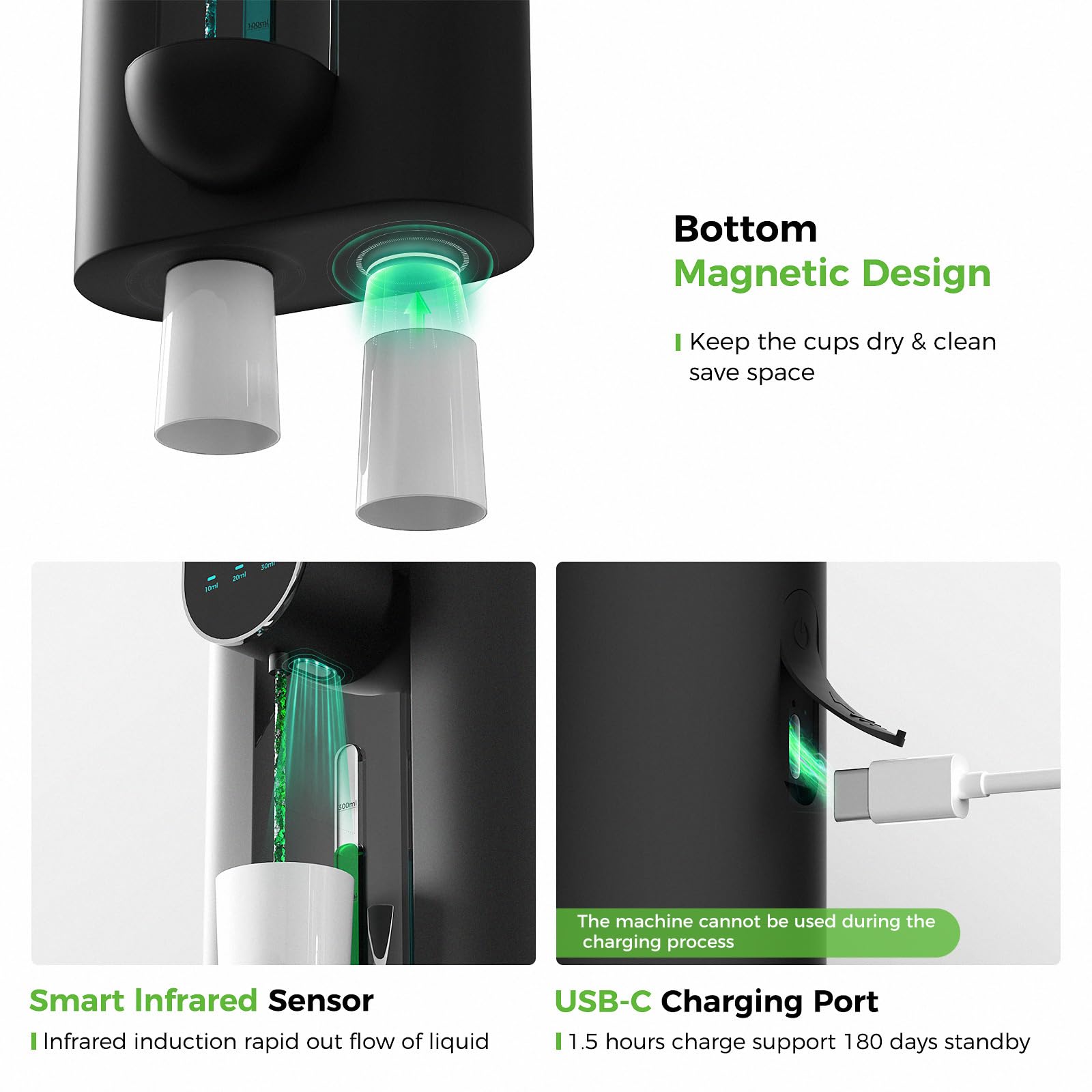 Leligooli Distributeur automatique de rince-bouche sans contact de 530 ml pour salle de bain, 2 tasses magnétiques rechargeables par USB et 3 niveaux de distribution avec écran LED, montage mural ou