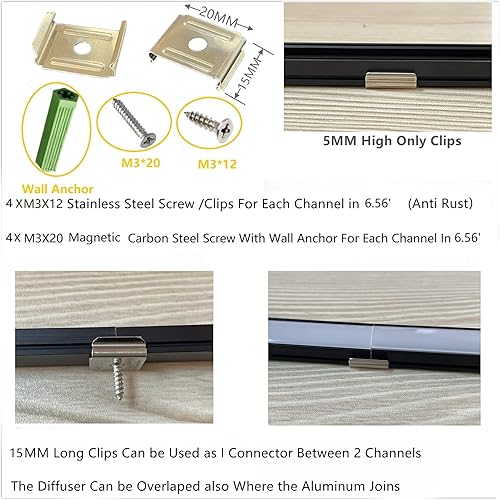 Vista 13 de Difusor de canal en U de tira LED, paquete de 10 unidades de 6.56 pies, 0.669 x 0.295 in, cinta de aluminio montada en superficie, riel de aluminio