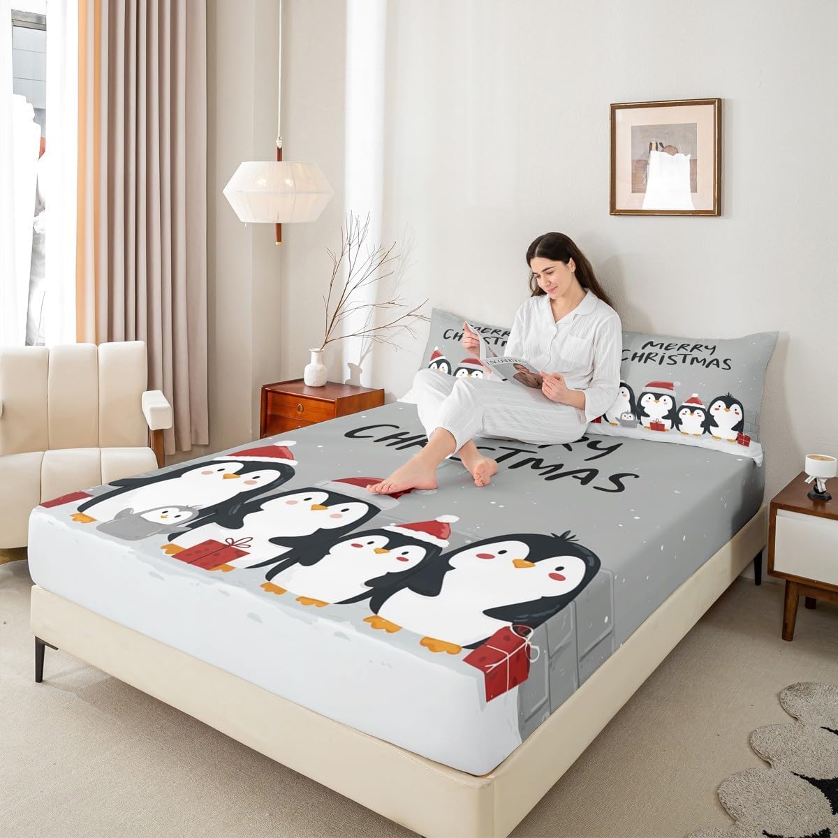 Feelyou Merry Christmas ベッドシーツセット ツインサイズ 漫画 ペンギン ベッドセット キッズ 男の子 女の