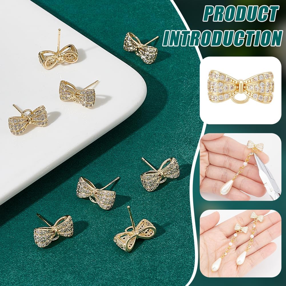 BENECREAT 8Pcs Real 14K Gold Plated Brass Cubic Zirconia Earring Stud, Bowkont Earring Findings with Loops and 30Pcs Plastic Ear Nuts for Earring Jewelry Making Gift DIY - Image 4