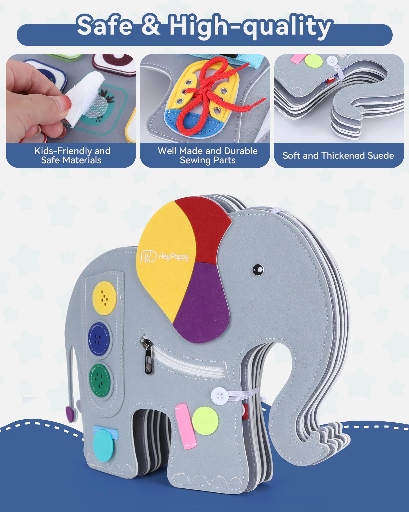 Heypappy Busy Board,12 in 1 Montessori Busy Board Feltro,Montessori Didattici Libro Sensoriale Educativo, Giocattolo per Abilità Motorie con Cintura Zaino Regalo Bambino Compleanno Natale