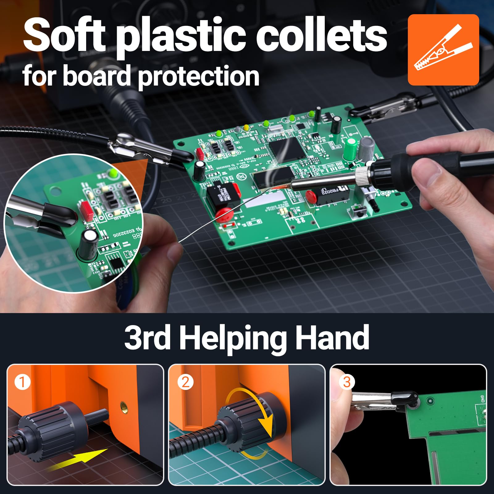 Preciva Estación de Soldadura 740W, 2 en 1 Soldador Estaño con Aire Caliente y Cautín, Doble Pantalla Digital, Función Reposo 10 Min, Lupa 5X con Luz, Pinzas Tercera Mano para Reparación Electrónica