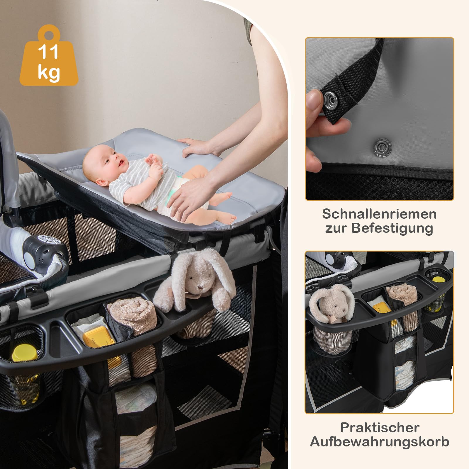 COSTWAY 6 in 1 Reisebett mit Matratze, mobile Babywiege mit verstellbarem Vordach, Babybett Beistellbett klappbar mit Wickelauflage, Spieluhr & Tragetasche für Baby bis 3 Jahre, 15 kg Belastbar (Grau)