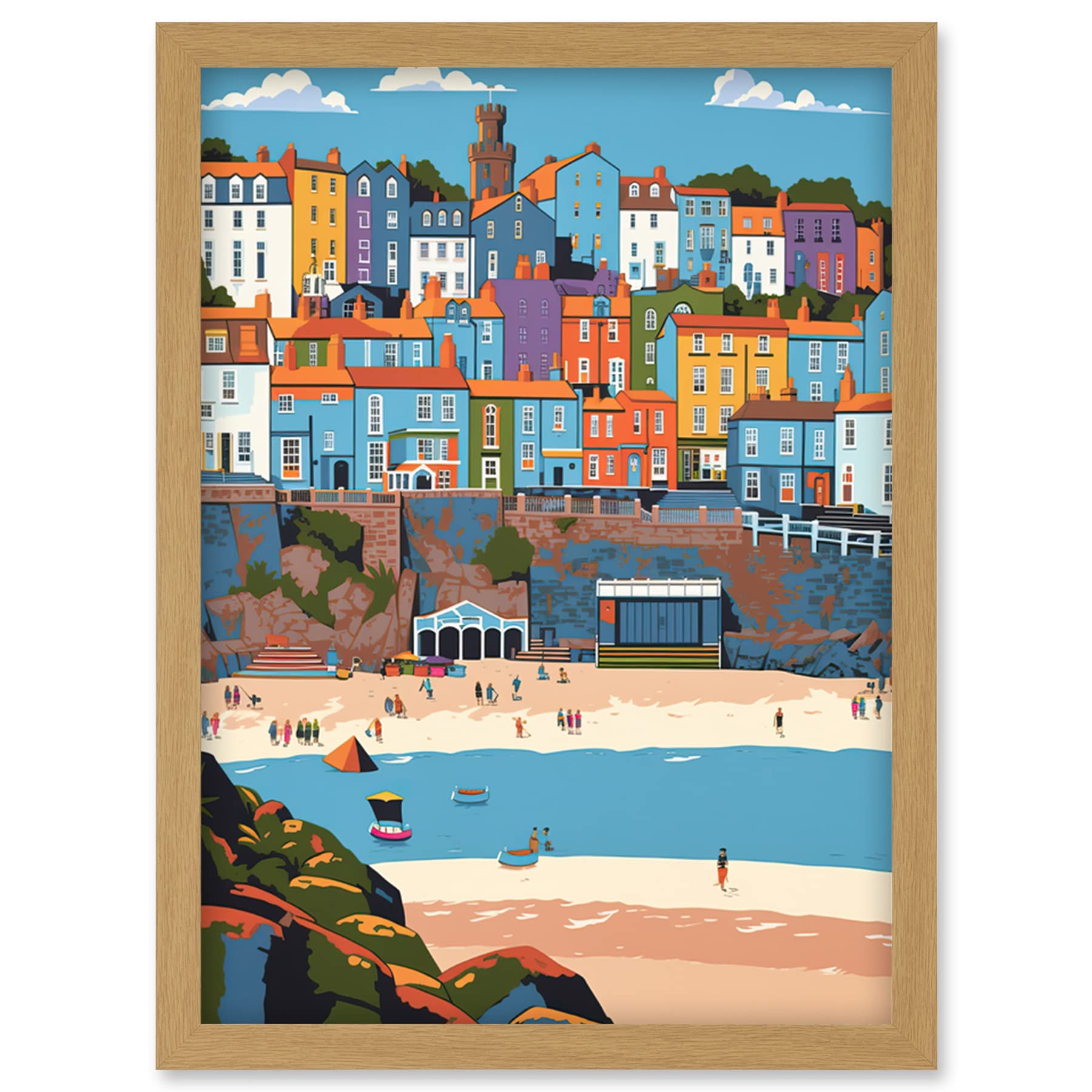Artery8 Tenby Castle Beach in Wales Colourful Townscape Artwork Framed Wall Art Print A4