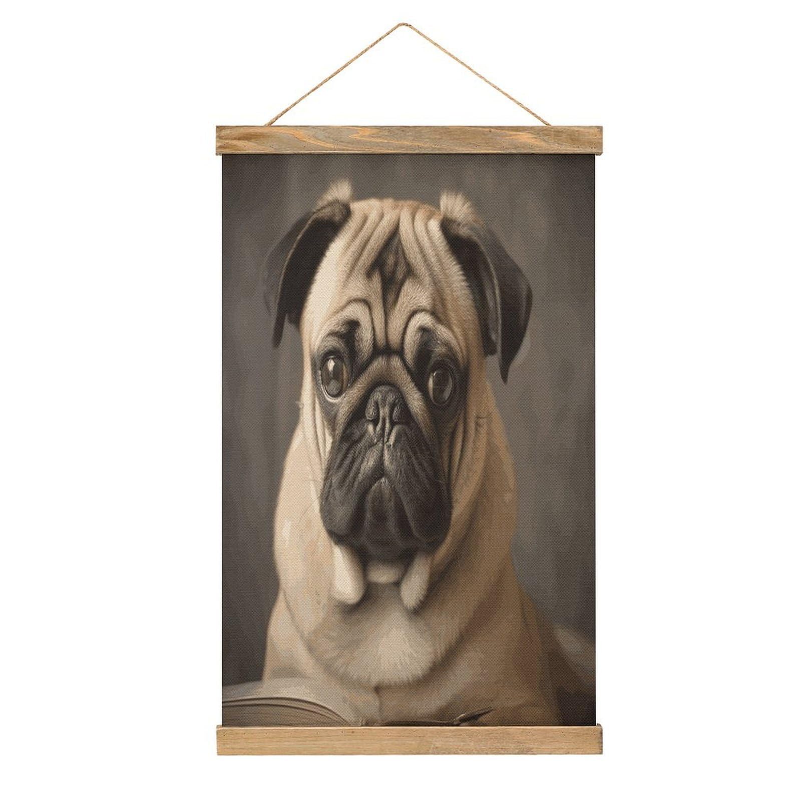 JTREHY Animal Pug Dog Linen Hanging Painting Vintage Poster Wall Art Prints Personality Style Wall Hanging Poster for Living Room Office Bedroom Decor Frame 13.2 X 20.47 Inch