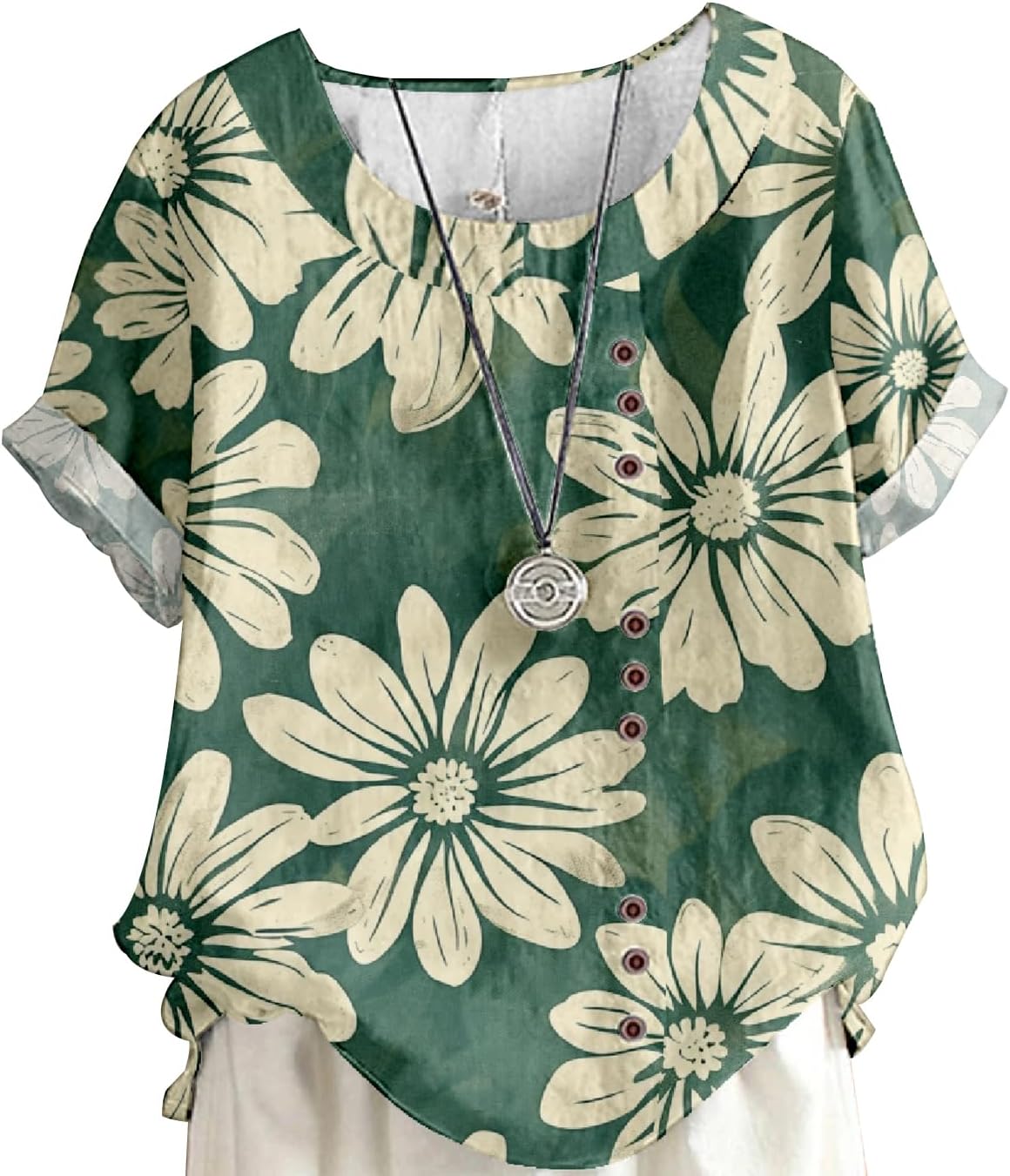 MARSVOVO Flower Blouse for Women Decorative Buttons Vintage Short Sleeve U Neck Oversize Loose Boho Top Women