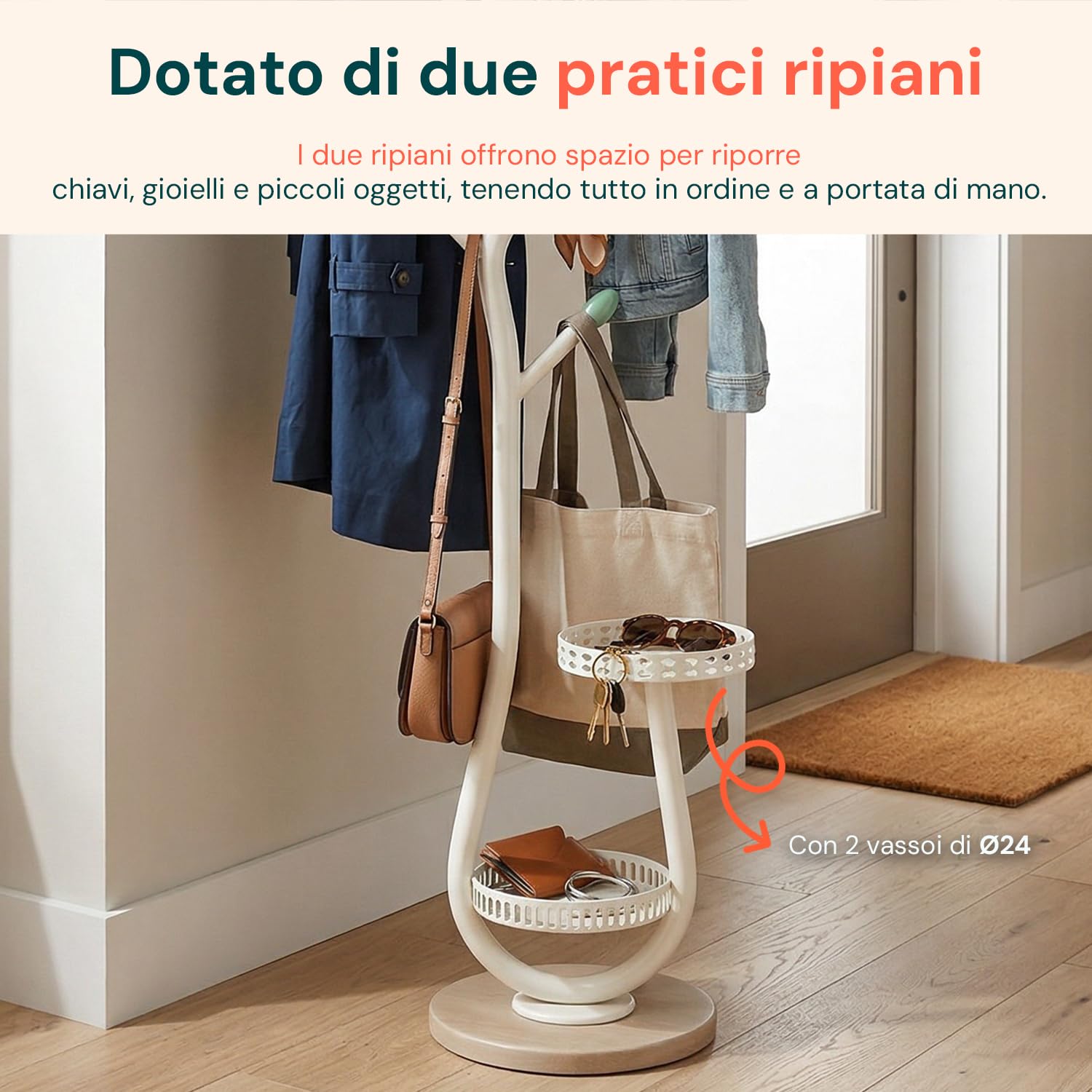Avilia - Appendiabiti in Metallo Bianco a Piantana - Stand con 2 Vassoi Svuotatasche Integrati - Attaccapanni Salvaspazio ad Alta Portata per Ingresso e Camera - H 166,5 cm