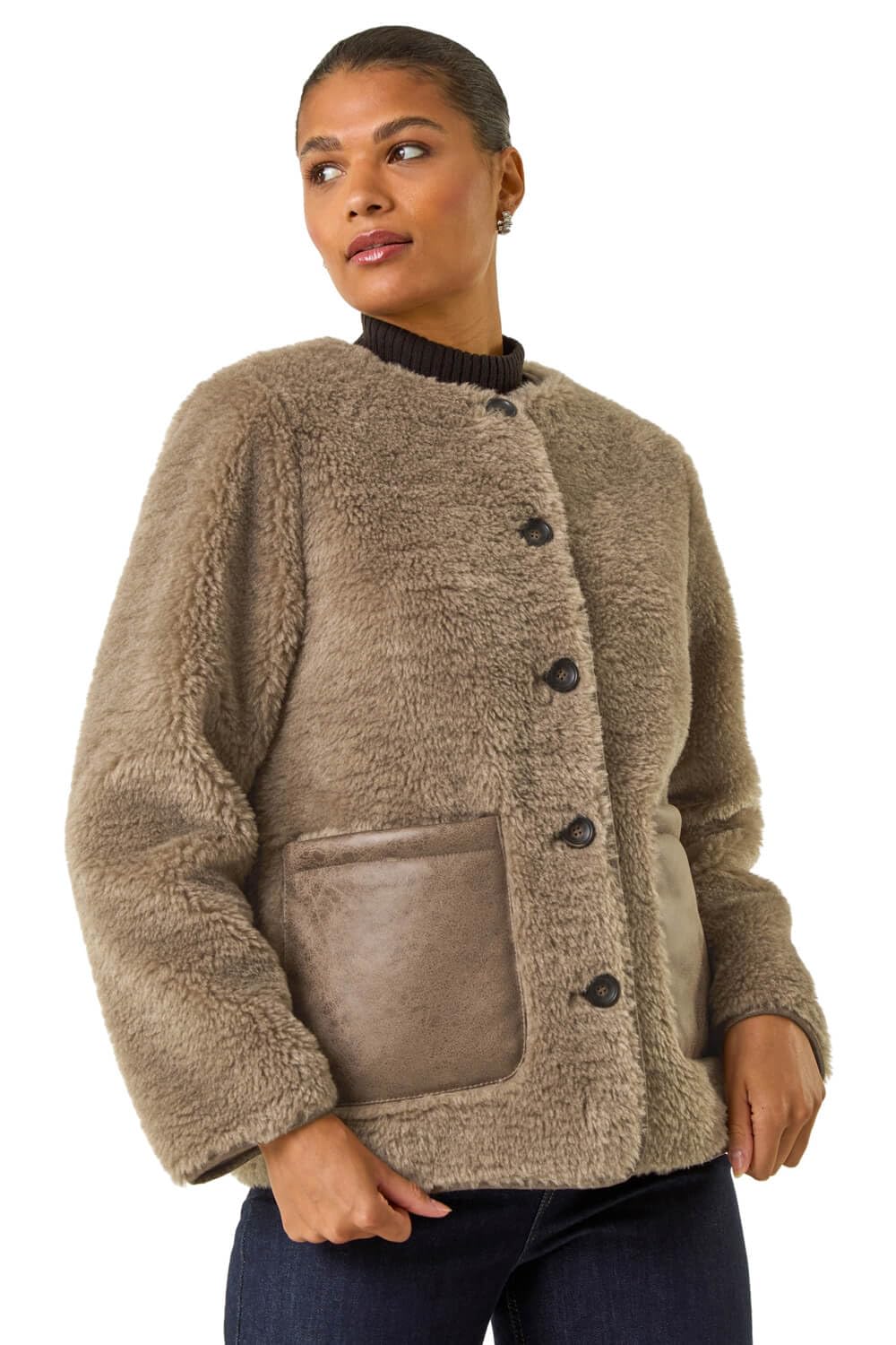 Roman Originals Women's Beige Faux Fur Borg Pocket Front Jacket For Uk - Everyday Autumn Winter Round Neckline Comfy Soft Evening Vacation Work Party Night Out - Size 16