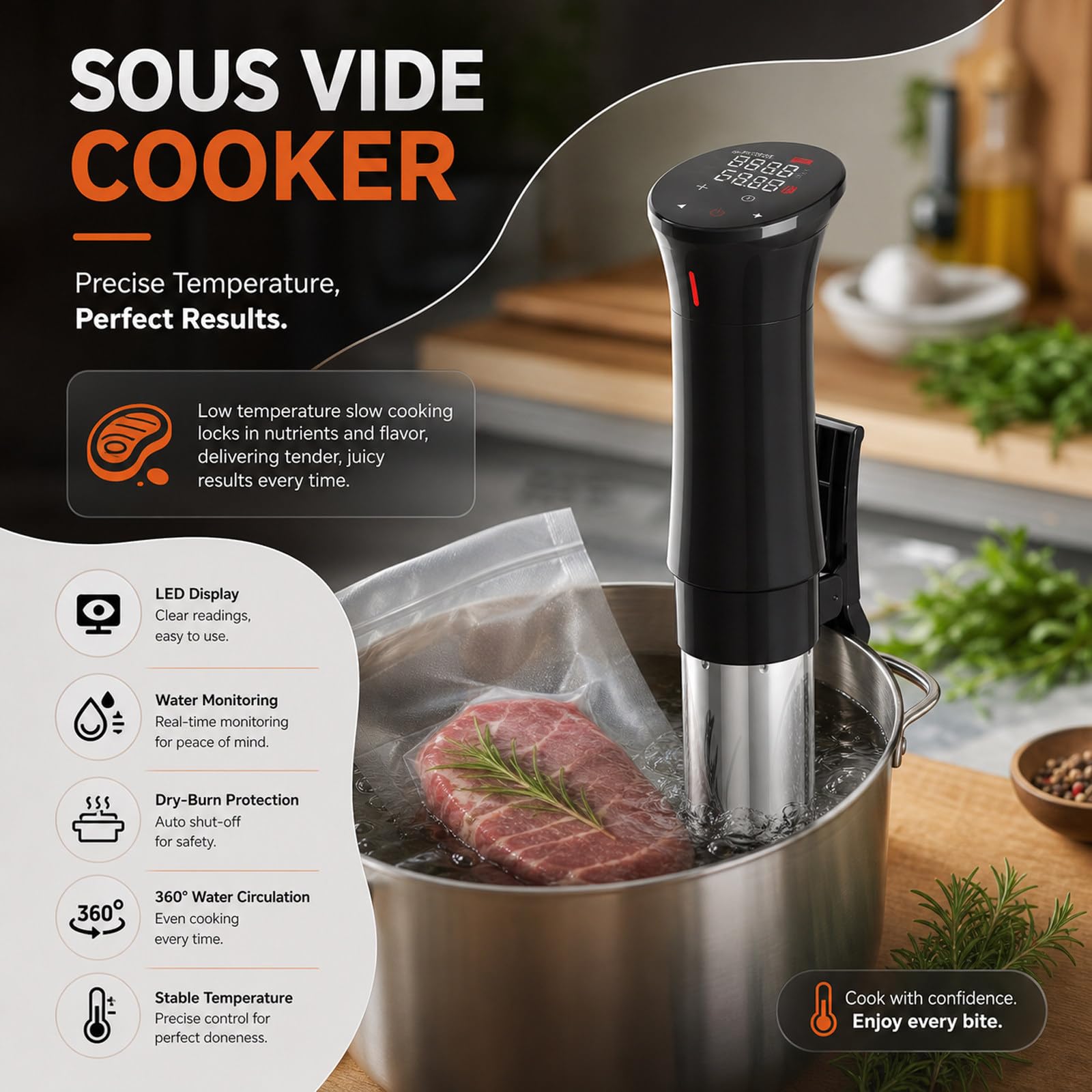 Cocedor Sous Vide, Máquina Sous Vide de inmersión, Acero Inoxidable 304 de Grado alimenticio, Ahorro de Espacio, Ideal para reuniones y Fiestas en casa